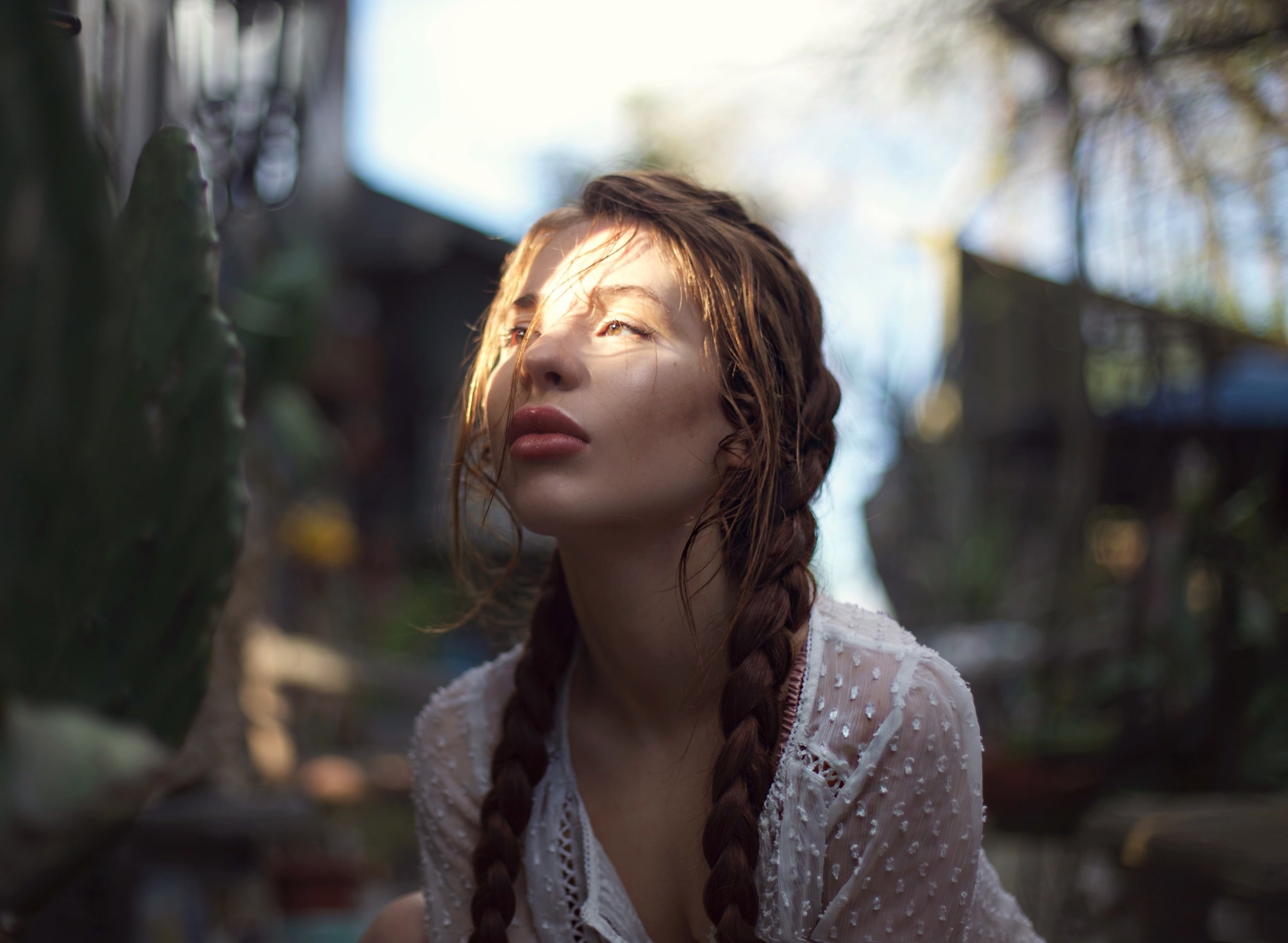 beautiful woman, adult, 1080P, brown hair, women, young adult, young women, beauty, front view, sun rays, braids, hair, focus on foreground, headshot, HD Wallpaper