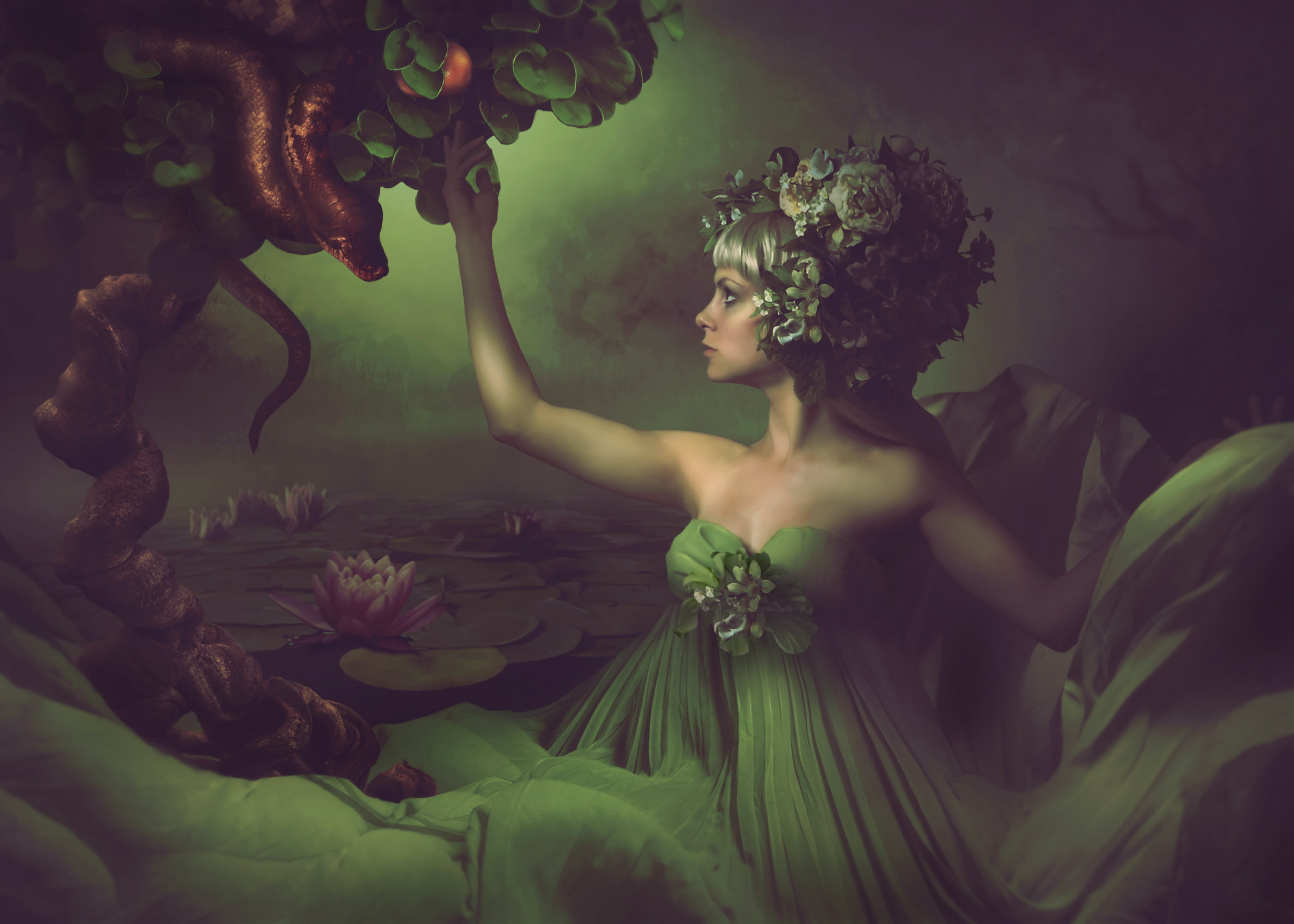 Fantasy, 2K, Water Lily, Manipulation, Snake, Woman, Photography, Apple, Garden Of Eden, HD Wallpaper