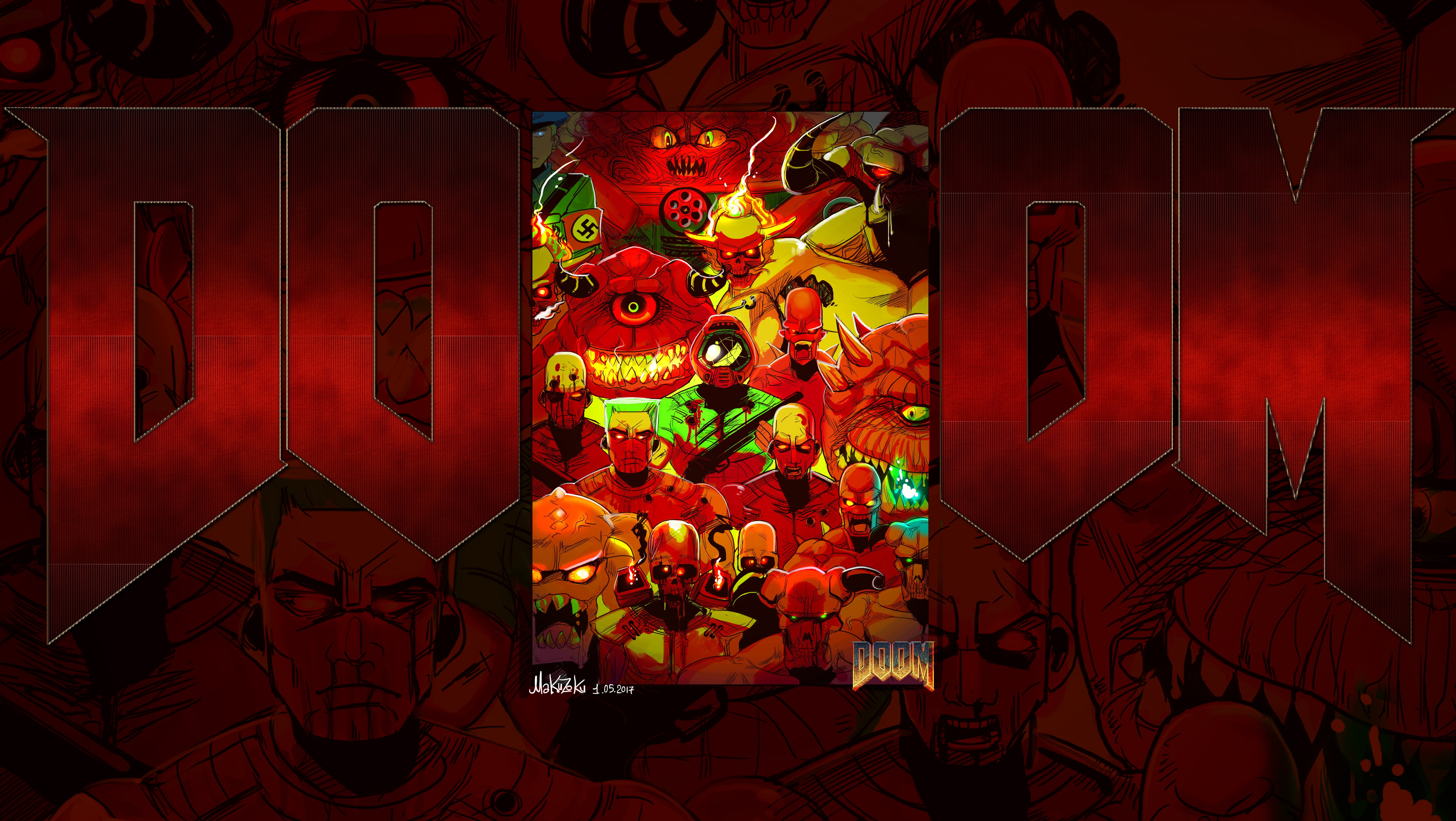 DOOM, If it was a 90′s fighting game, by Maku Zoku, madeinkipish, Concept Art, Lost soul, Street Fighter style, Pain elemental, 5K, imp, Art, Baron of hell, HD Wallpaper