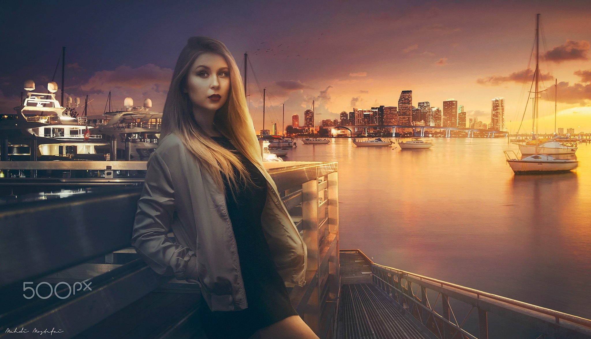 young adult, Miami, looking at camera, digital art, outdoors, one person, women, water, model, 1080P, sky, building exterior, cityscape, Mehdi Mostefaï, HD Wallpaper