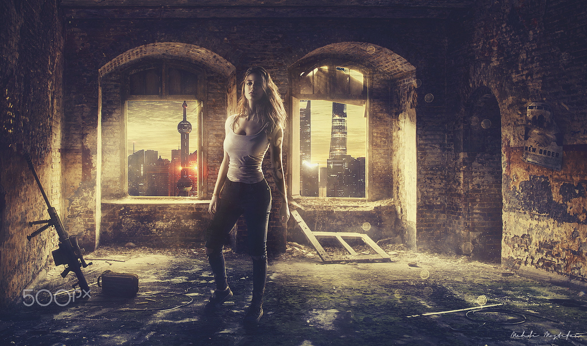 weapon, women, rear view, old, young adult, full length, indoors, futuristic city, one person, Mehdi Mostefaï, built structure, architecture, brick, cityscape, HD Wallpaper