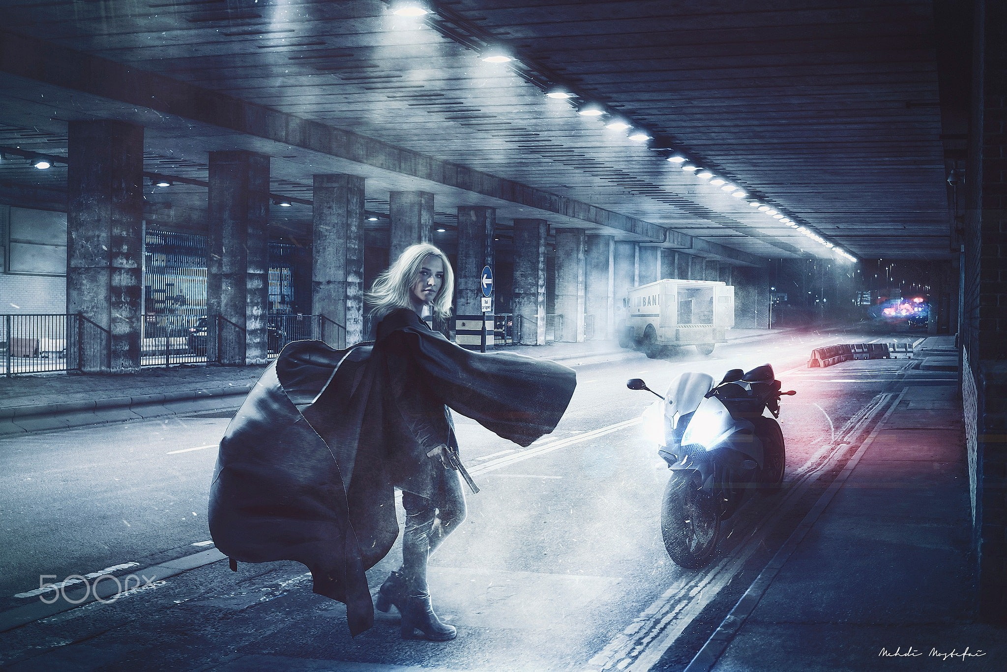 city, 1080P, motorcycle, gun, cityscape, men, real people, outdoors, illuminated, people, model, street, road, 500px, women, land vehicle, built structure, HD Wallpaper