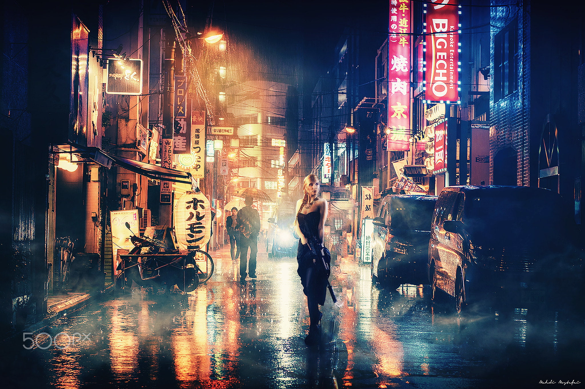 digital composite, built structure, city street, cityscape, motion, reflection, blurred motion, walking, road, wet, women, rain, 1080P, rainy season, building, HD Wallpaper
