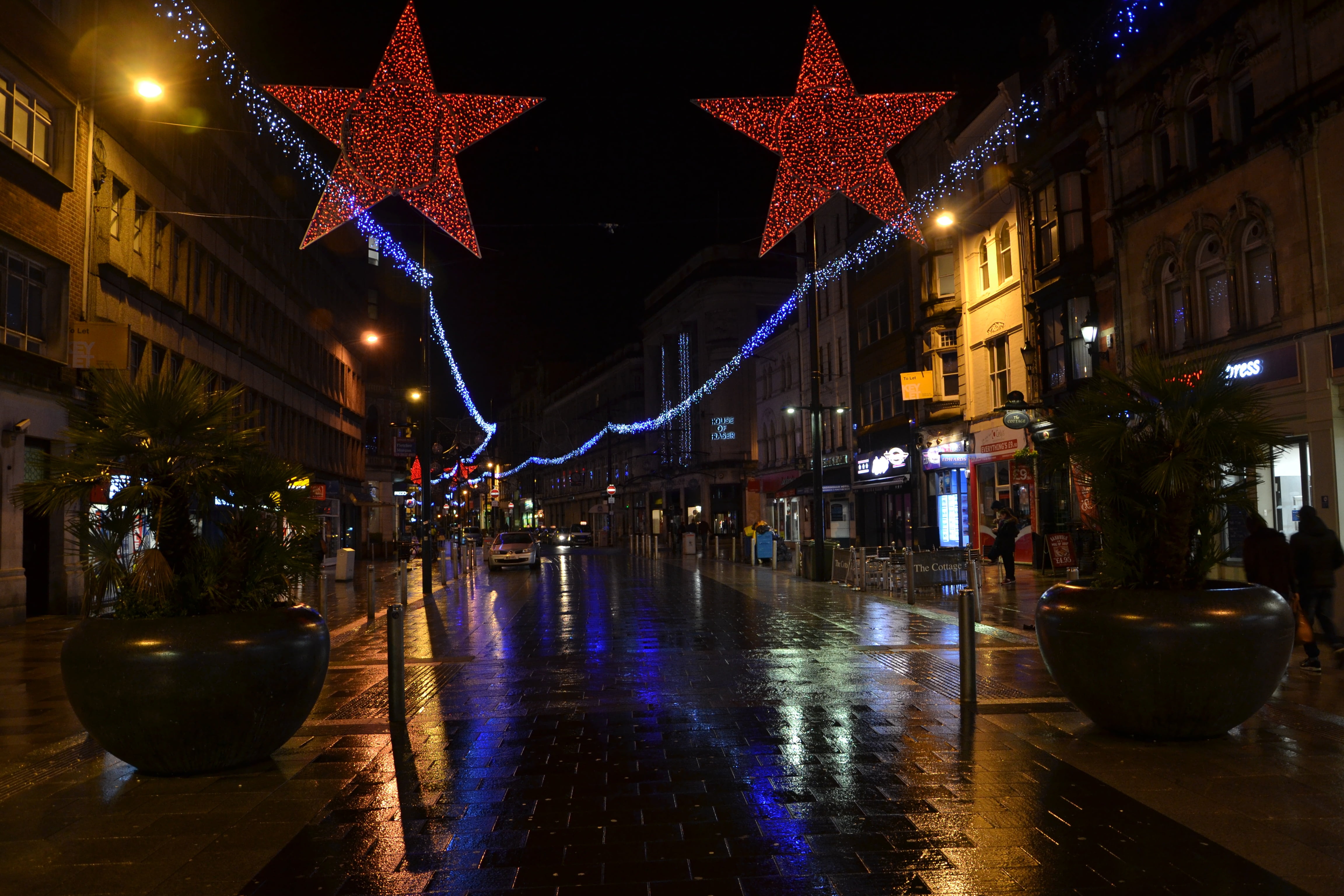 rain, road, outdoor, stars, direction, scene, wet, night, street, residential, high street, city, nighttime, raining, illuminated, decoration, built structure, HD Wallpaper