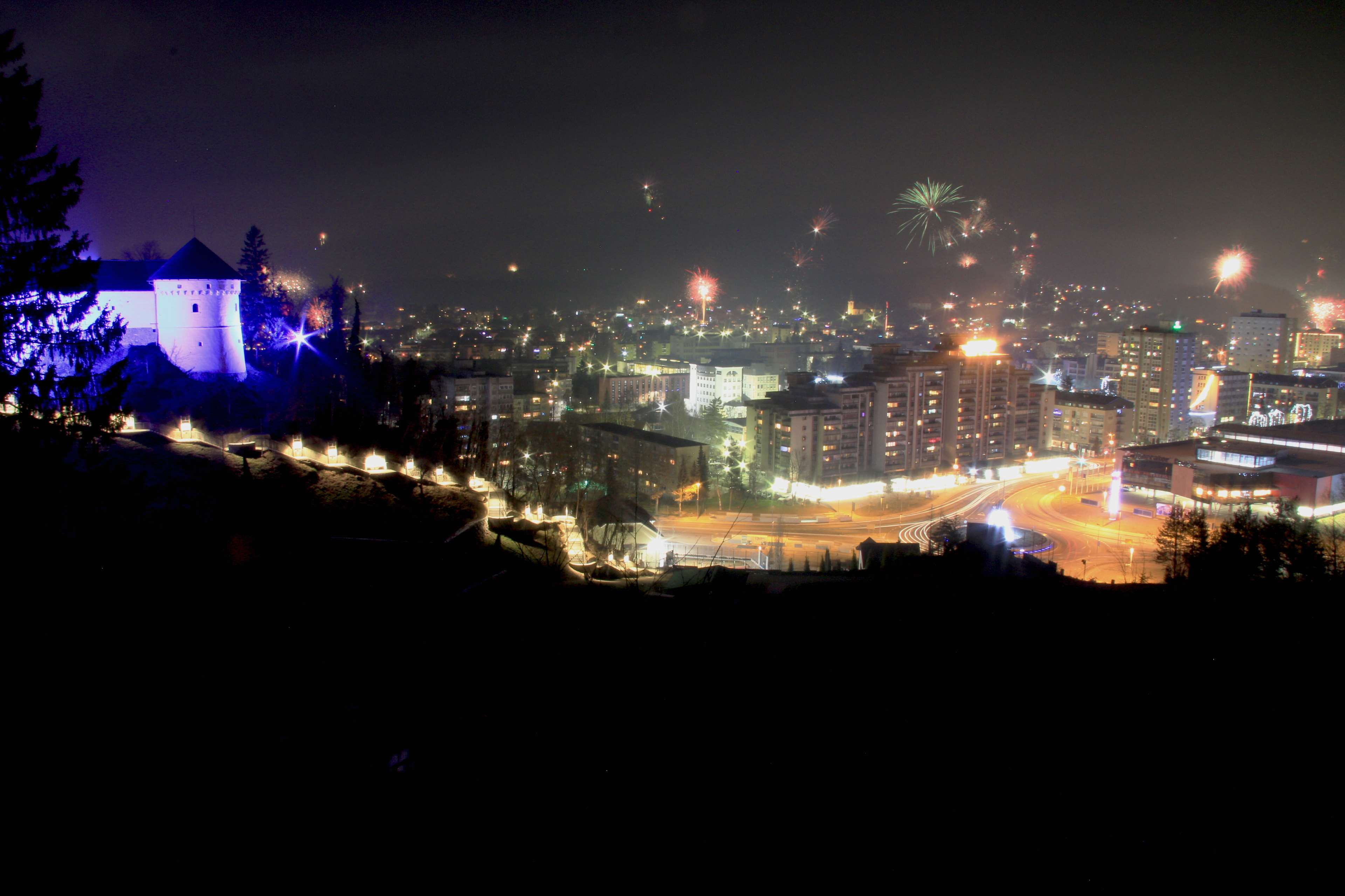 building exterior, outdoors, cityscape, nature, illuminated, 4K, velenje castle, city life, residential district, 2016, lighting equipment, new year, fireworks, HD Wallpaper