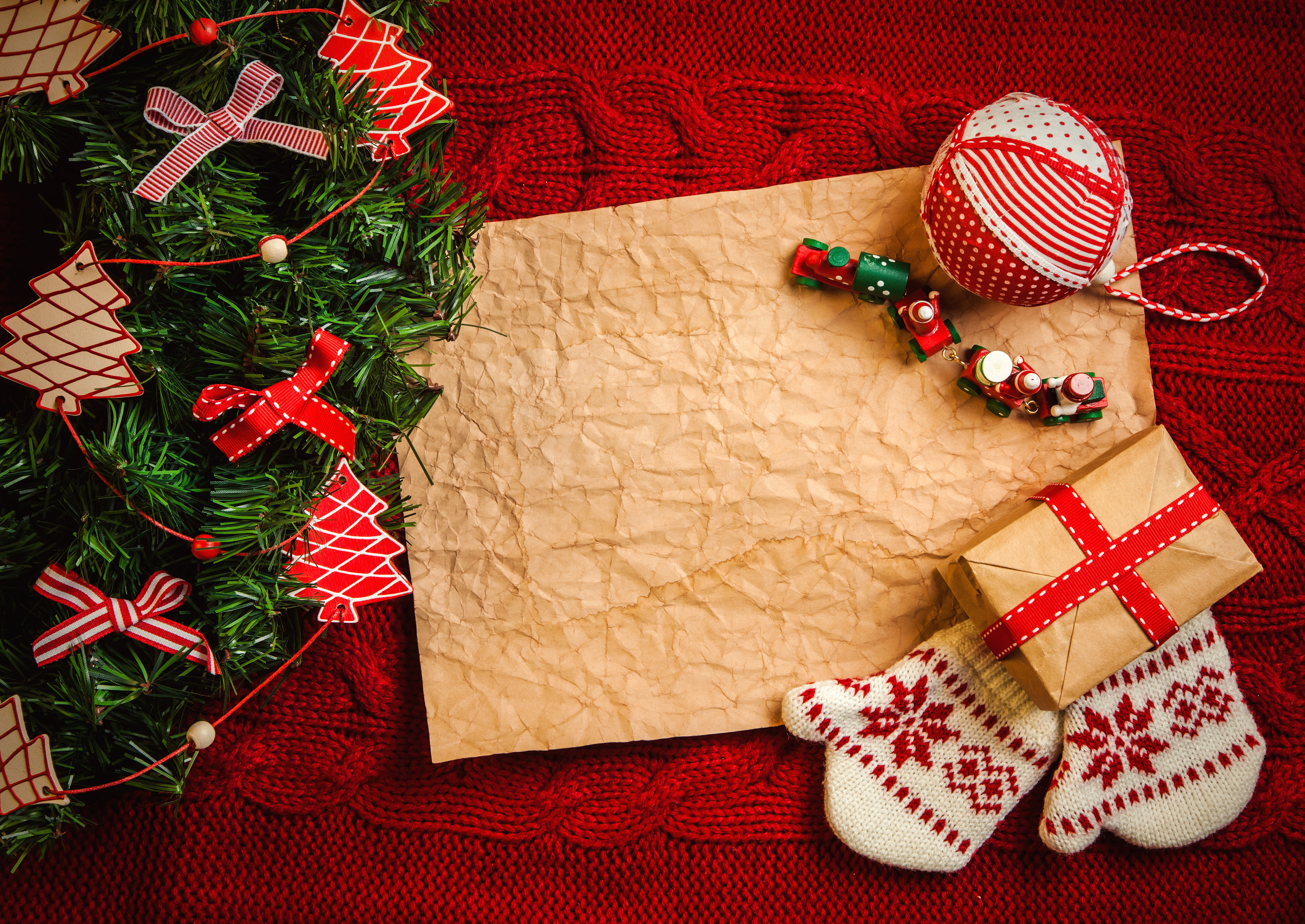 fir Tree, christmas Ornament, copy Space, santa Claus, box, rustic, high angle view, gloves, decor, shape, old-fashioned, holiday, indoors, symbol, tape, HD Wallpaper