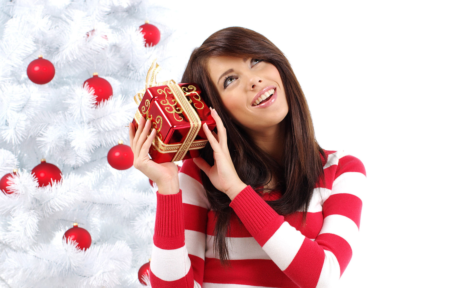 tree, women, beautiful woman, young adult, striped, 1080P, holding, Christmas, holidays, toys, teeth, studio shot, celebration event, positive emotion, HD Wallpaper