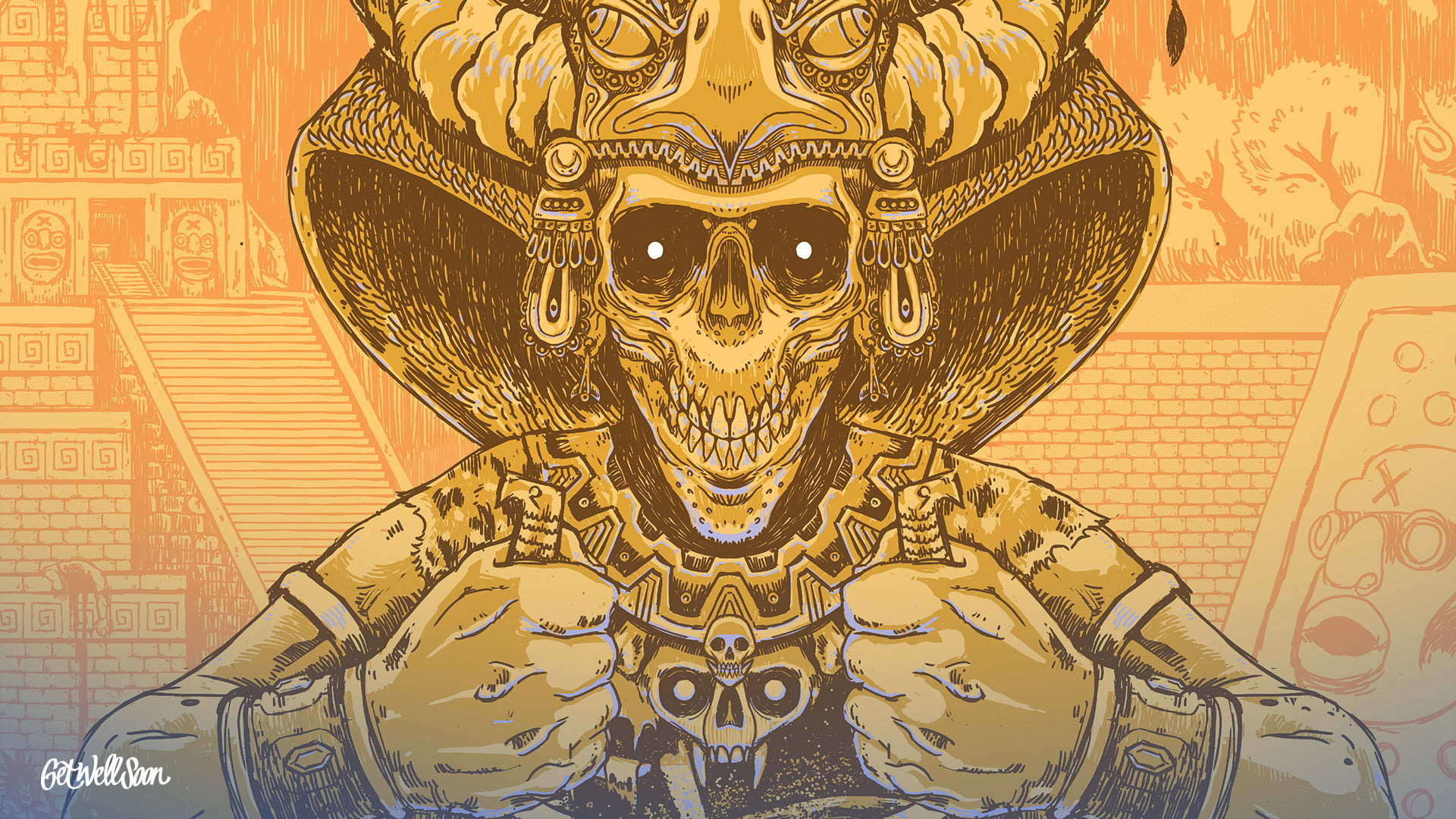 religion, human representation, no people, illustration, 1080P, gold, ornate, close-up, druids, pattern, mask, design, picture, indoors, skeleton, mammal, HD Wallpaper