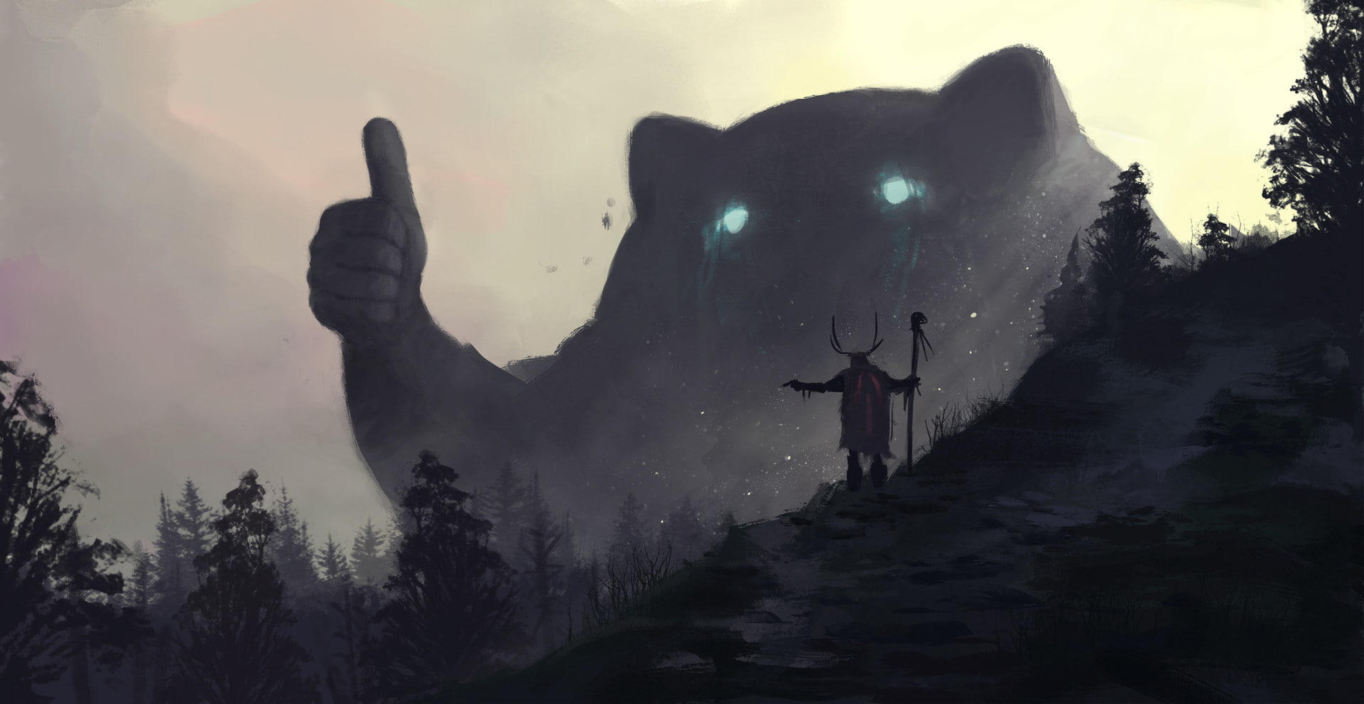 spirits, 1080P, mountains, forest, mist, fantasy art, druids, thumbs up, giant, HD Wallpaper
