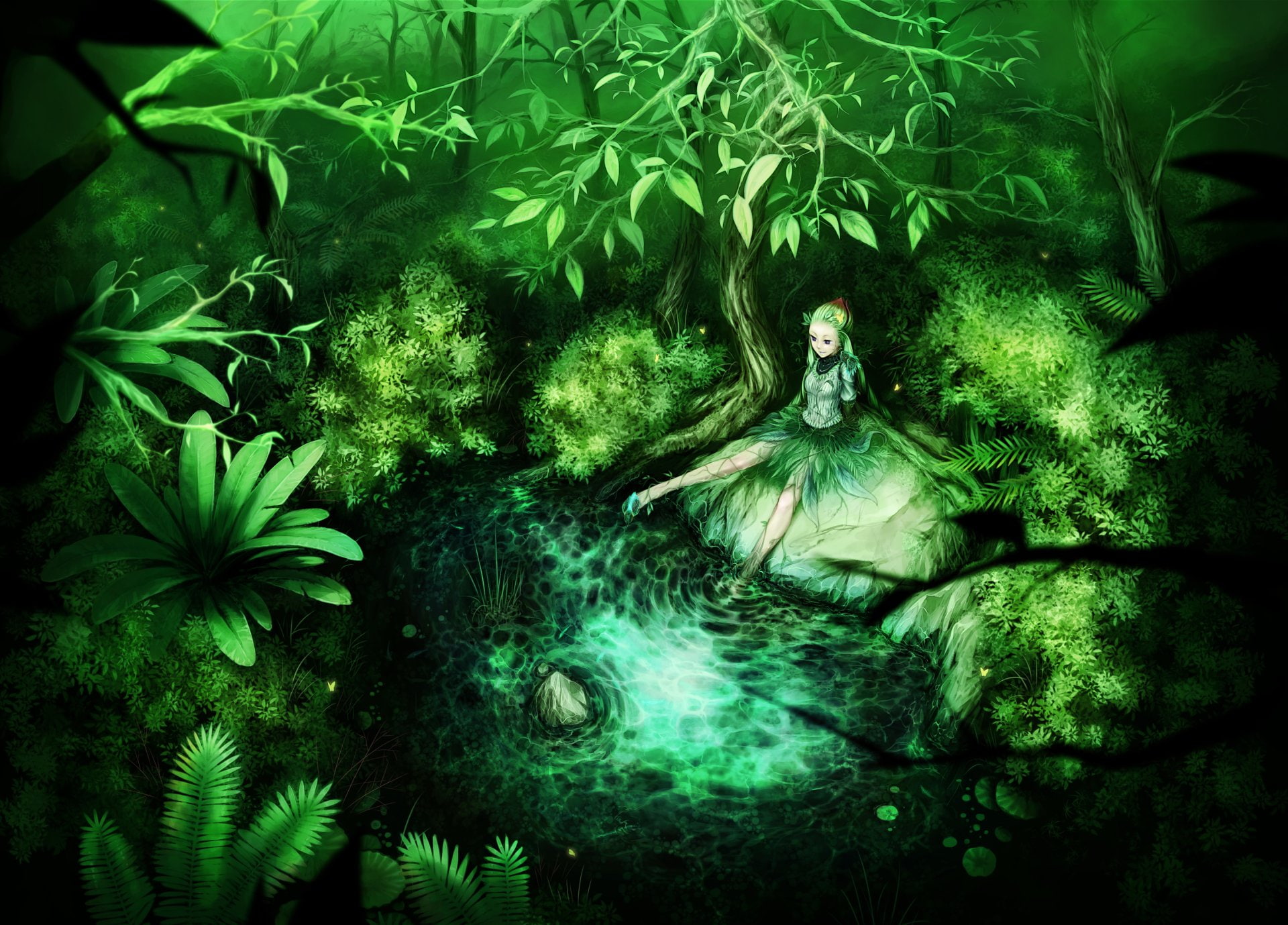 Fantasy, Forest, 1080P, Elf, Pond, Rock, Green, Druid, Tree, Fairy, HD Wallpaper