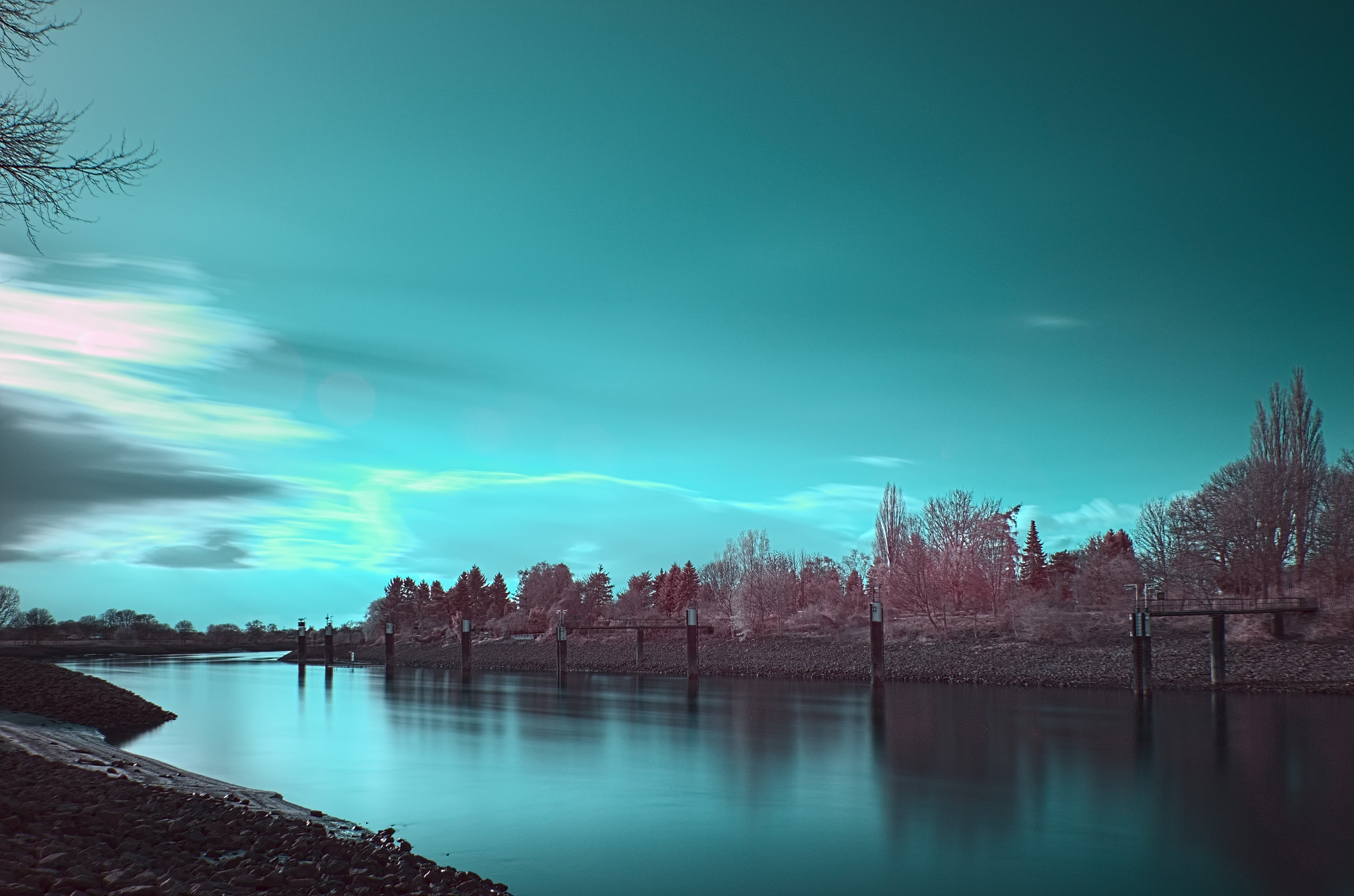 Bend, sky, landscape, clouds, photo, body, water, forest, rocks, Bremen, 4K, body of water, outdoors, nature, cloudy, river, lake, vegetation, reflection, HD Wallpaper