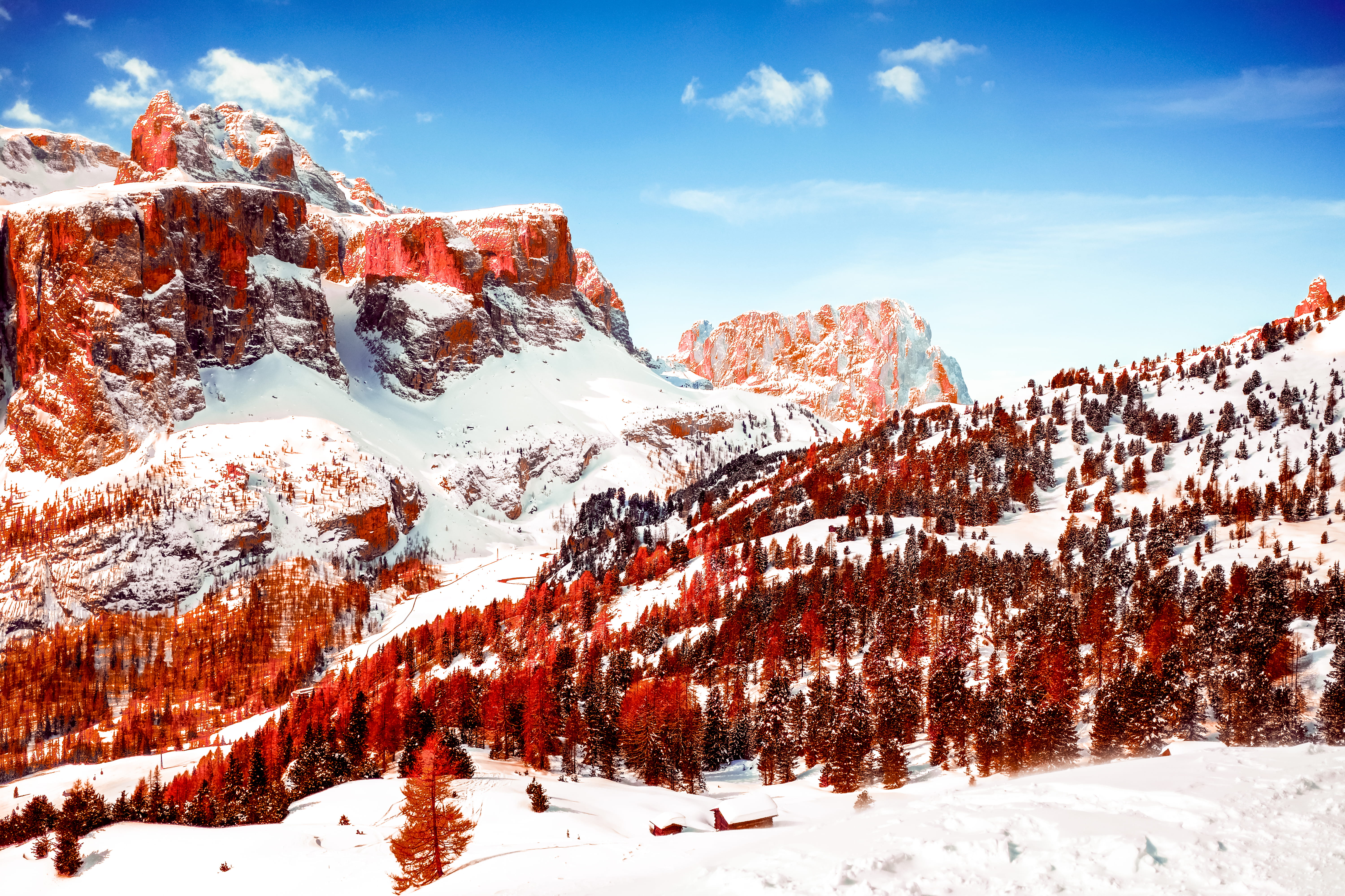 pine woodland, mood, sky, snow, beauty in nature, mountain, infrared, snowcapped mountain, explore, no people, shallow, blue, chalet, non-urban scene, creative, HD Wallpaper