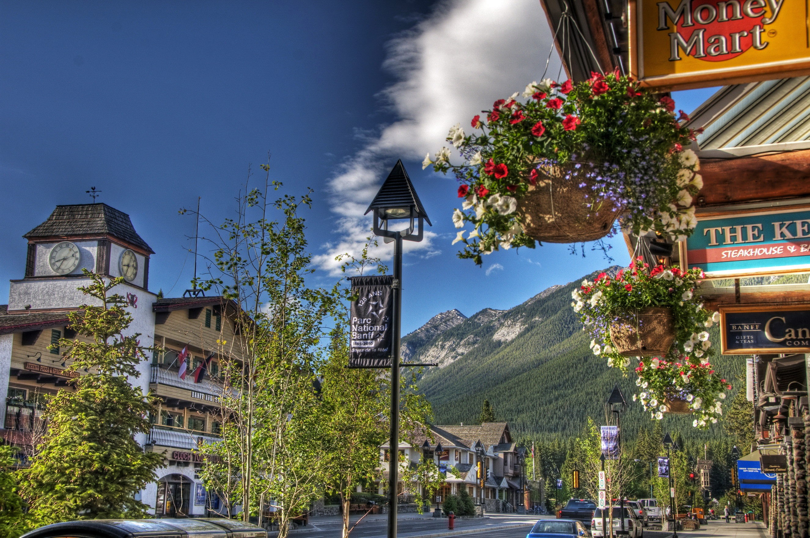 architecture, tree, outdoors, mountain, sky, cloud - sky, incidental people, built structure, day, religion, plant, Canada, Banff, group of people, place of worship, HD Wallpaper