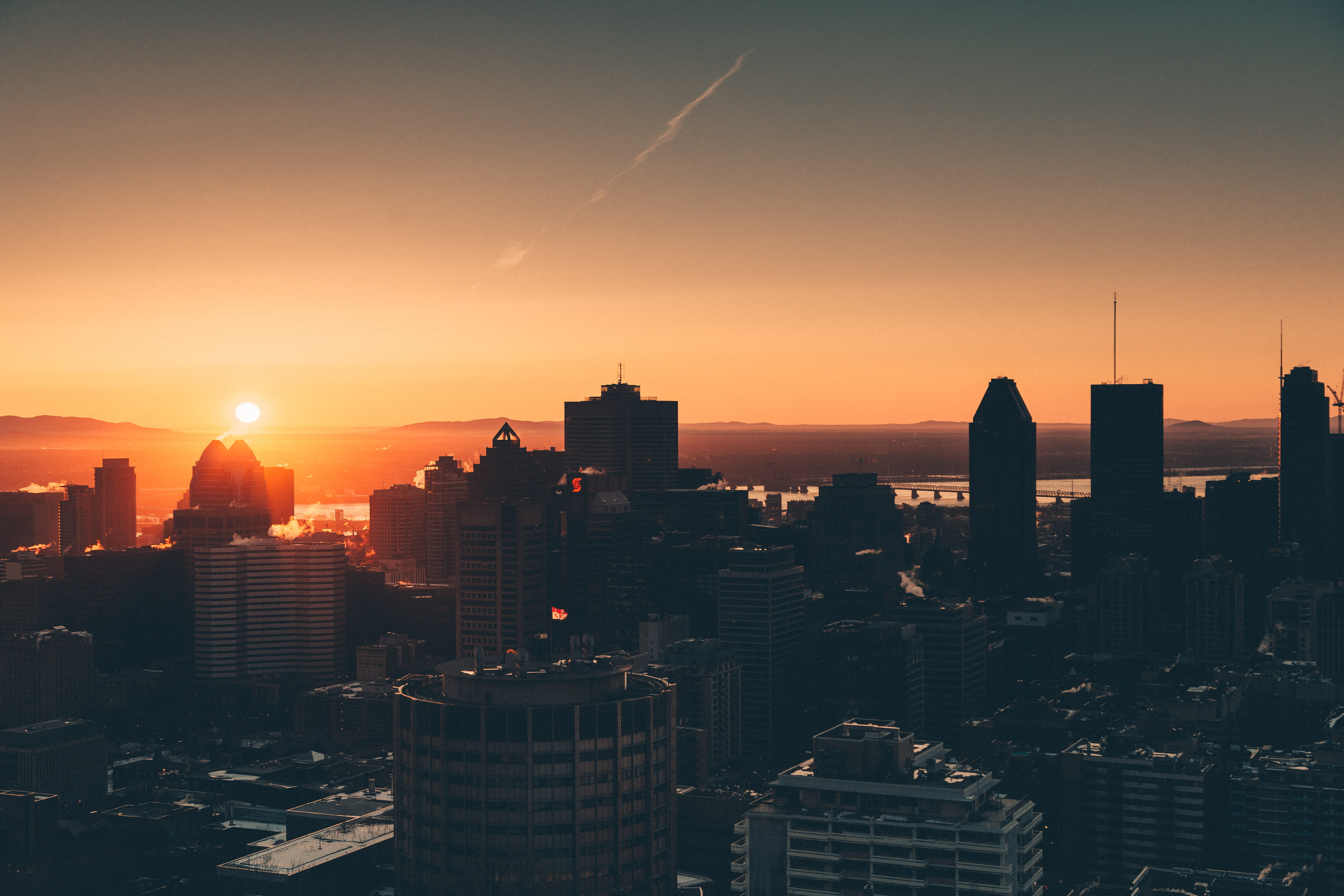 sunlight, sunset, city, no people, modern, 5K, red, office building exterior, built structure, outdoors, blue, montreal, skyscraper, residential district, HD Wallpaper