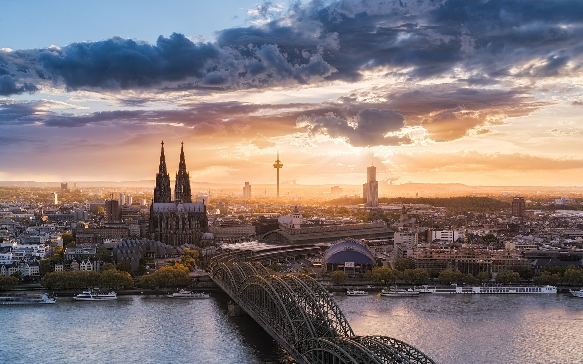 Germany, Cologne, water, sunset, bridge, building, 1080P, architecture, HD Wallpaper