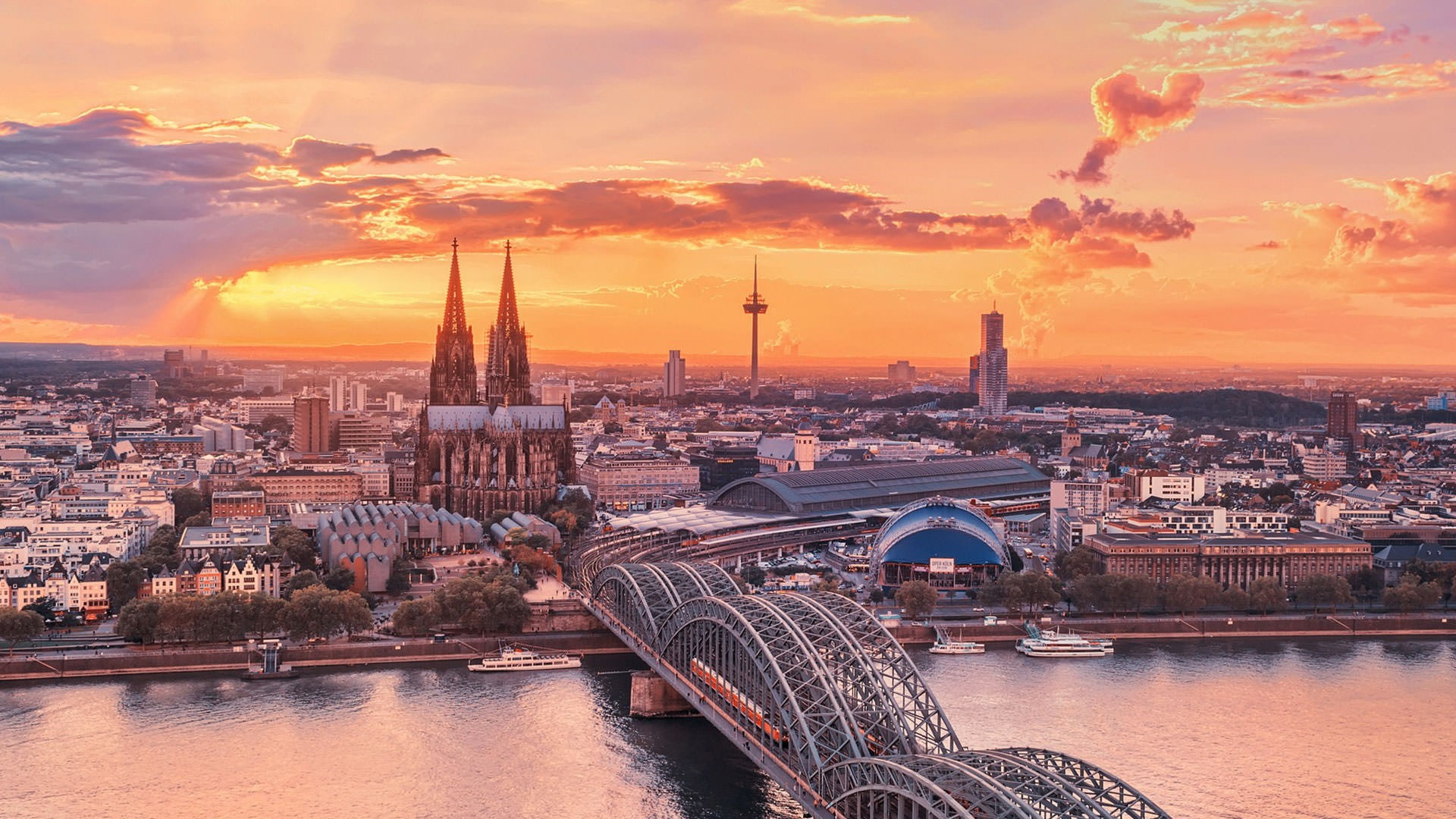 Cologne Cathedral, bridge, Germany, Cologne, sunset, city, cityscape, 1080P, HD Wallpaper