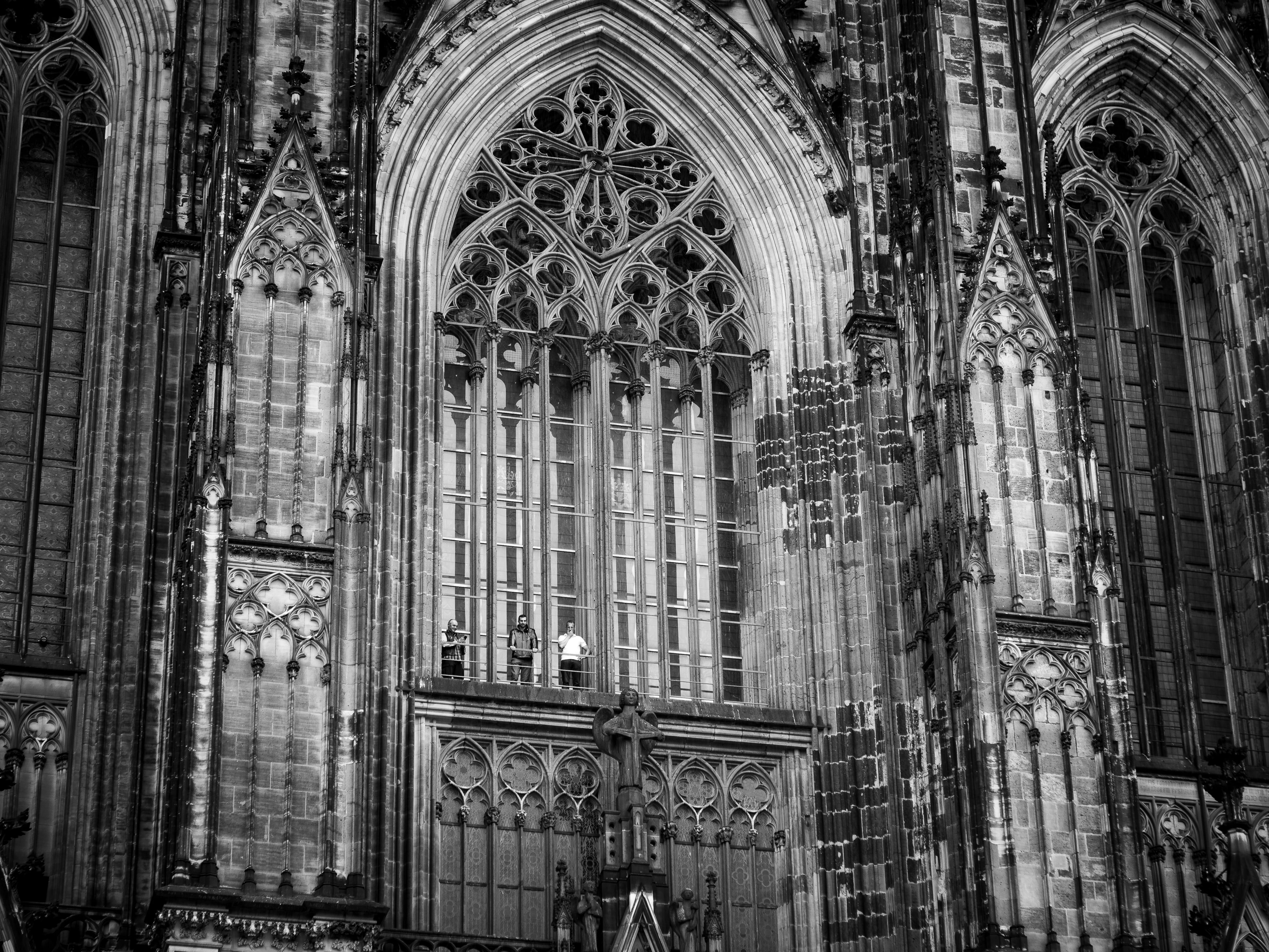 bnw, arch, germany, köln, spirituality, history, cologne cathedral, architecture, day, low angle view, window, ornate, building exterior, 4K, building, HD Wallpaper