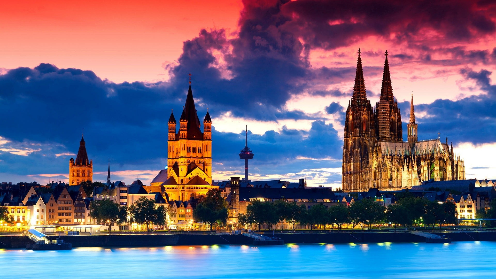 building, sky, city, outdoors, Germany, building exterior, travel destinations, belief, spire, Gothic architecture, no people, tower, illuminated, sunset, HD Wallpaper