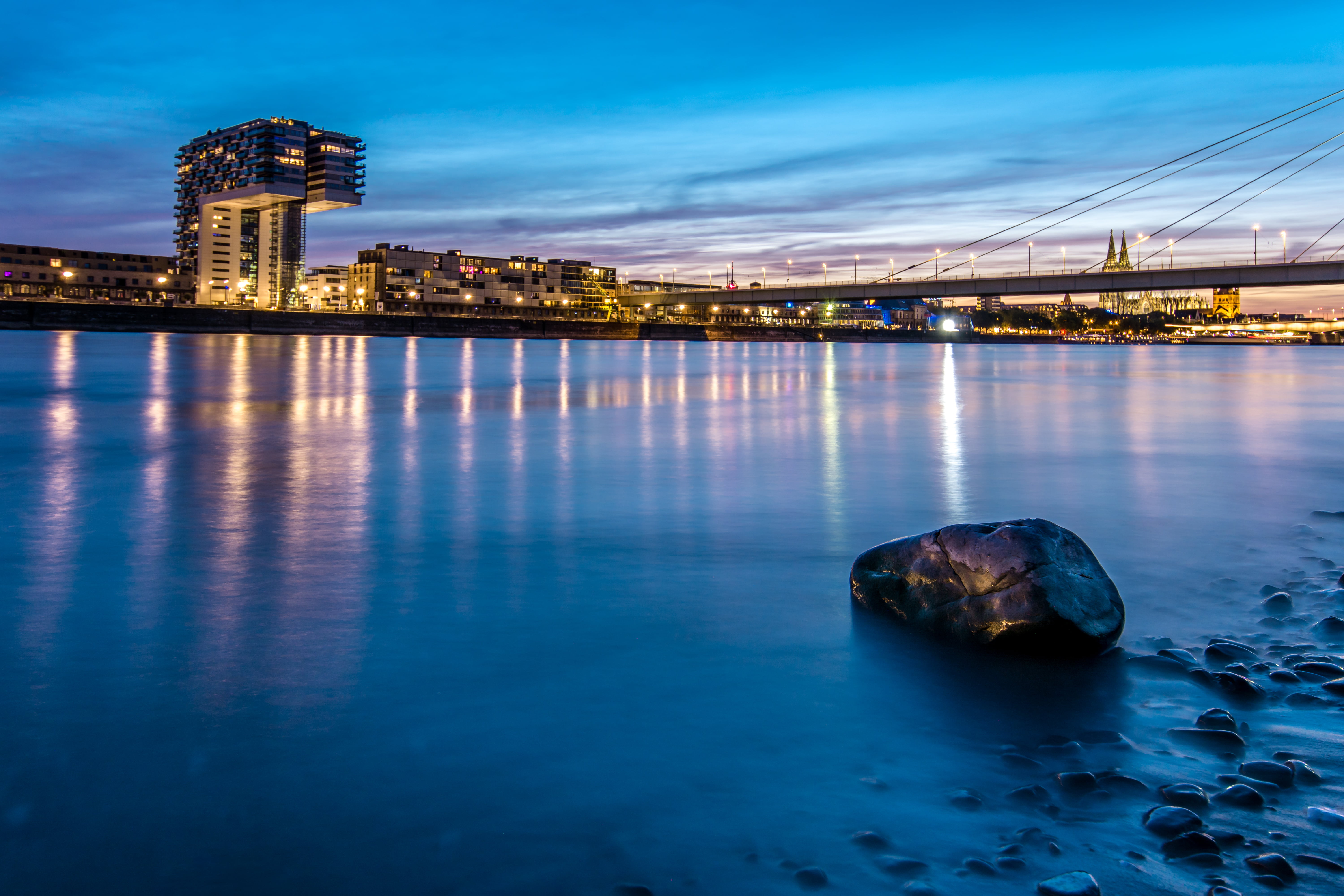 beside, 5K, Deutschland, blue, Cologne, buildings, Köln, reflection, downtown District, river, city, dusk, famous Place, night, architecture, Right Angle, HD Wallpaper