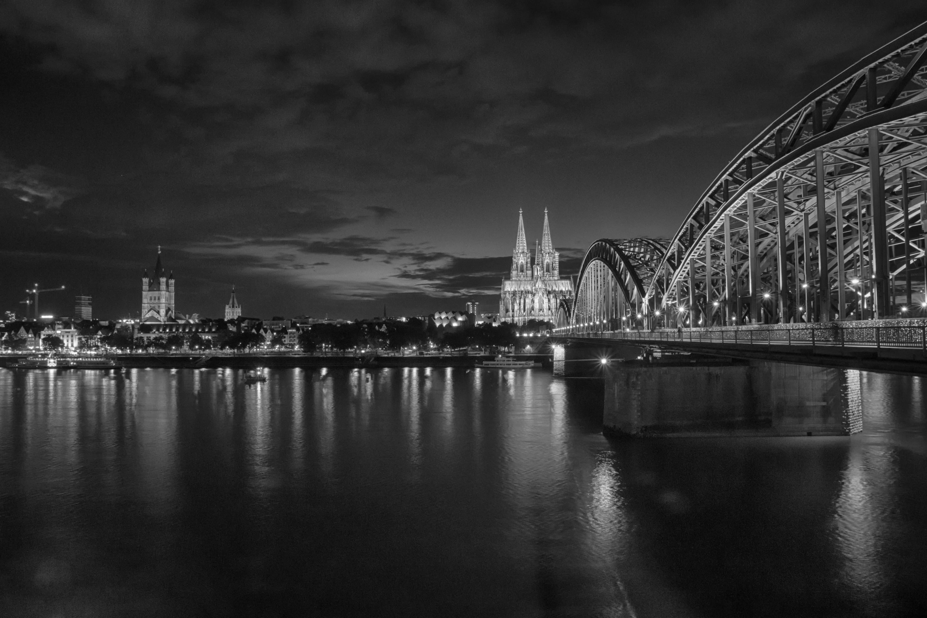 skyscraper, cologne, cityscape, built structure, river, night, cathedral, rhine, germany, nature, reflection, arch, bridge, travel destinations, building exterior, HD Wallpaper