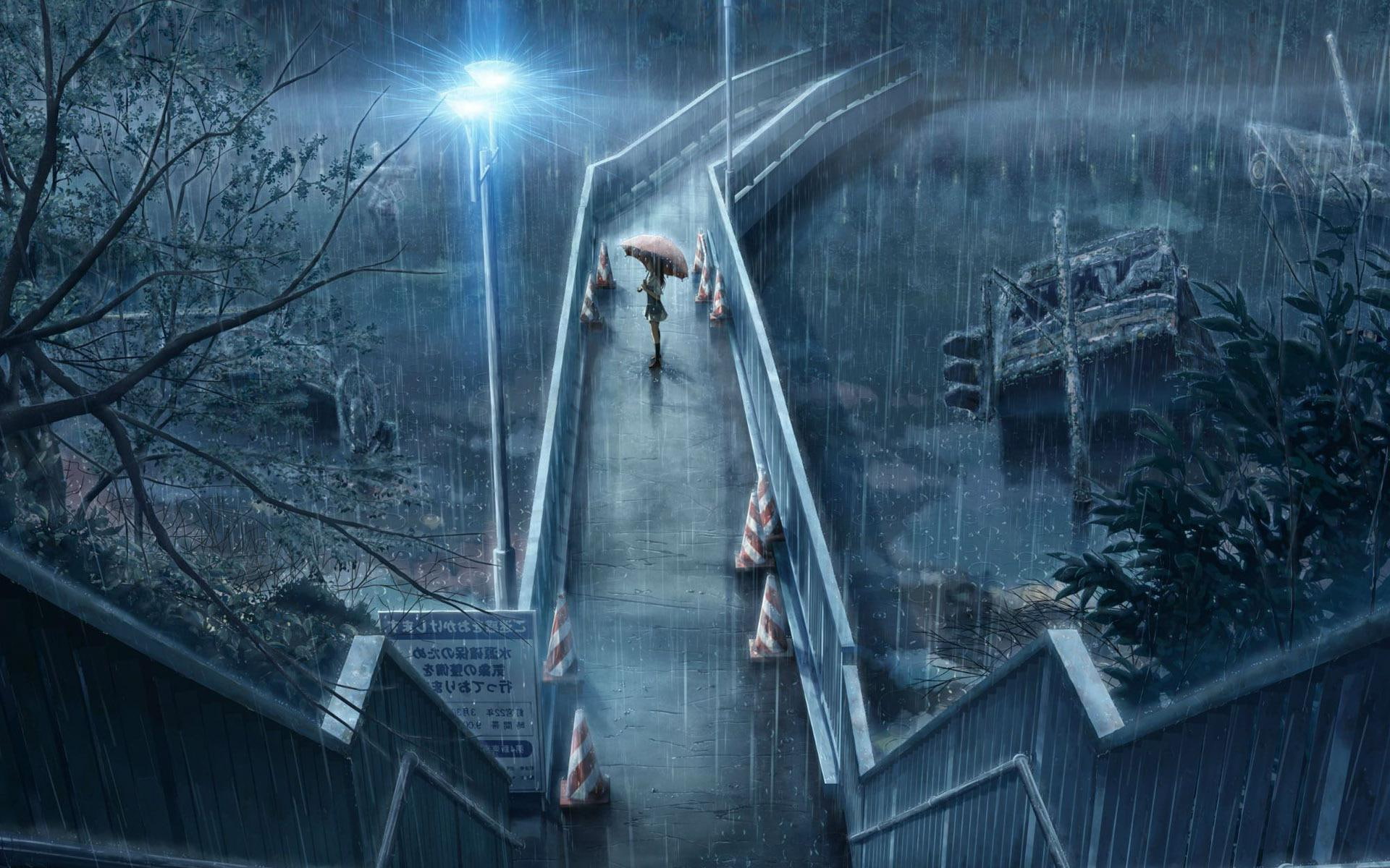 girl, graphic, umbrella, anime, rain, bridge, 1920x1200, 1080P, footbridge, cartoon, woman, HD Wallpaper