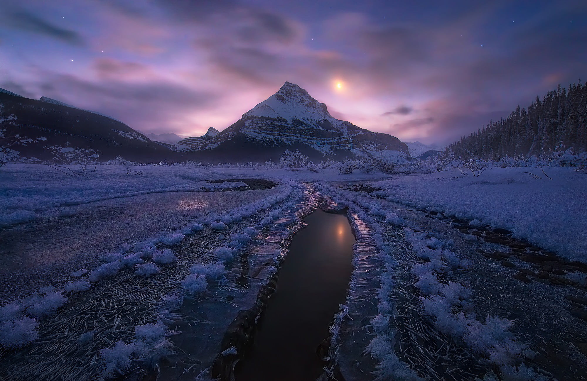 water, environment, 1080P, landscape, sunset, winter, non-urban scene, tranquility, cloud - sky, no people, sky, Canada, snow, tranquil scene, mountain range, HD Wallpaper