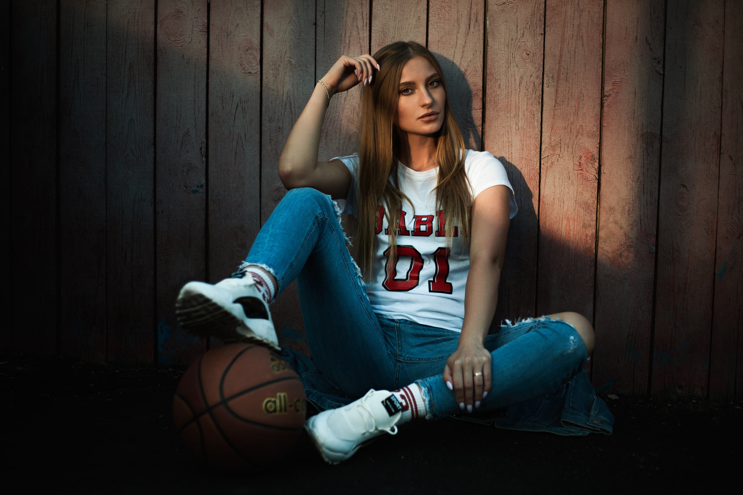 sitting, T-shirt, ball, women, 2K, sneakers, portrait, torn jeans, blonde, HD Wallpaper