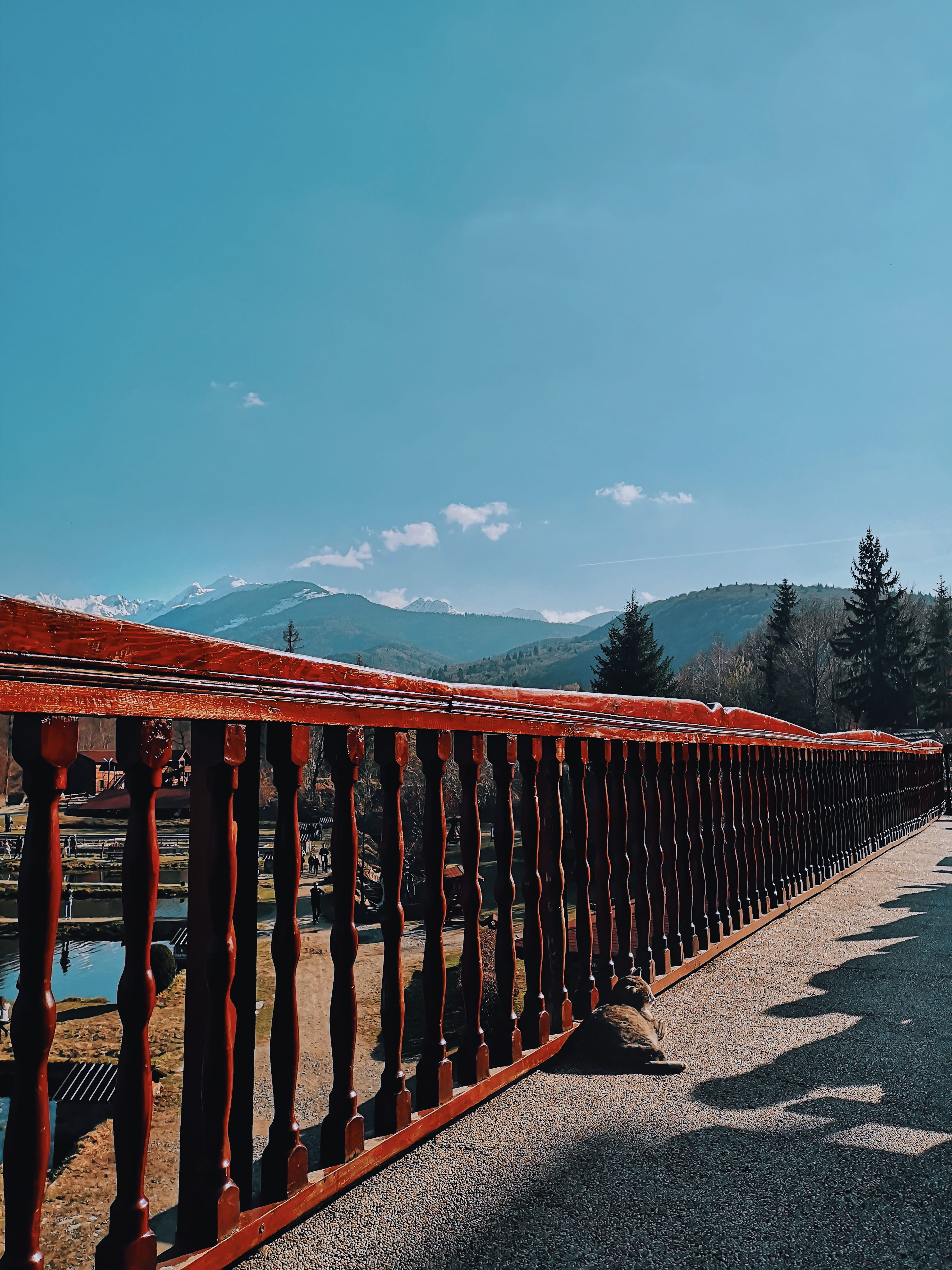 colors, trees, environment, water, daylight, mountain, transportation, security, wooden, side by side, brown, blue, sky, built structure, landscape, cloud - sky, Phone HD Wallpaper