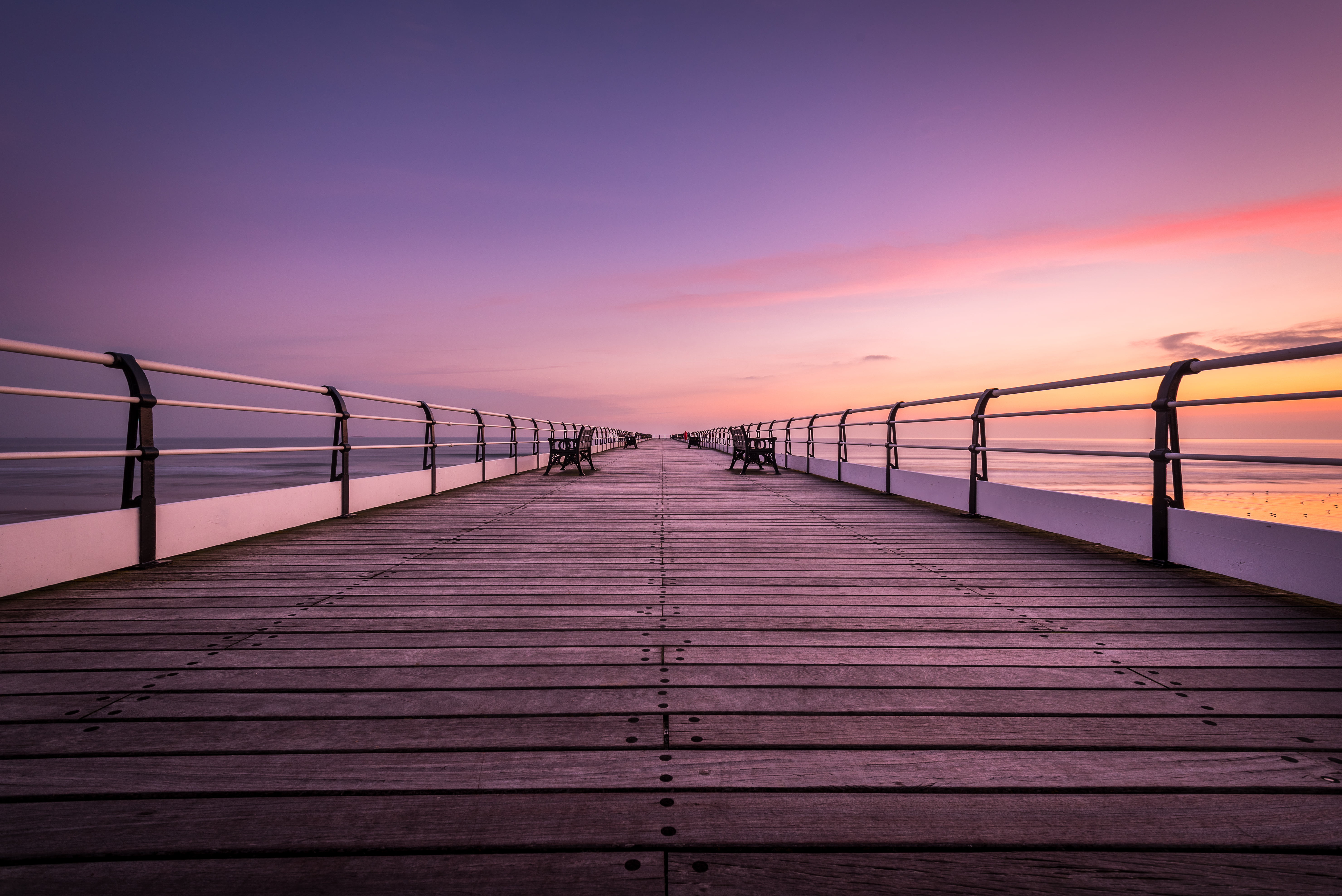 sunrise, wooden, bridge - Man Made Structure, pier, Teesside, Middlesbrough, nature, ocean, sky, North East, bench, sunset, England, photo, brown, red, HD Wallpaper