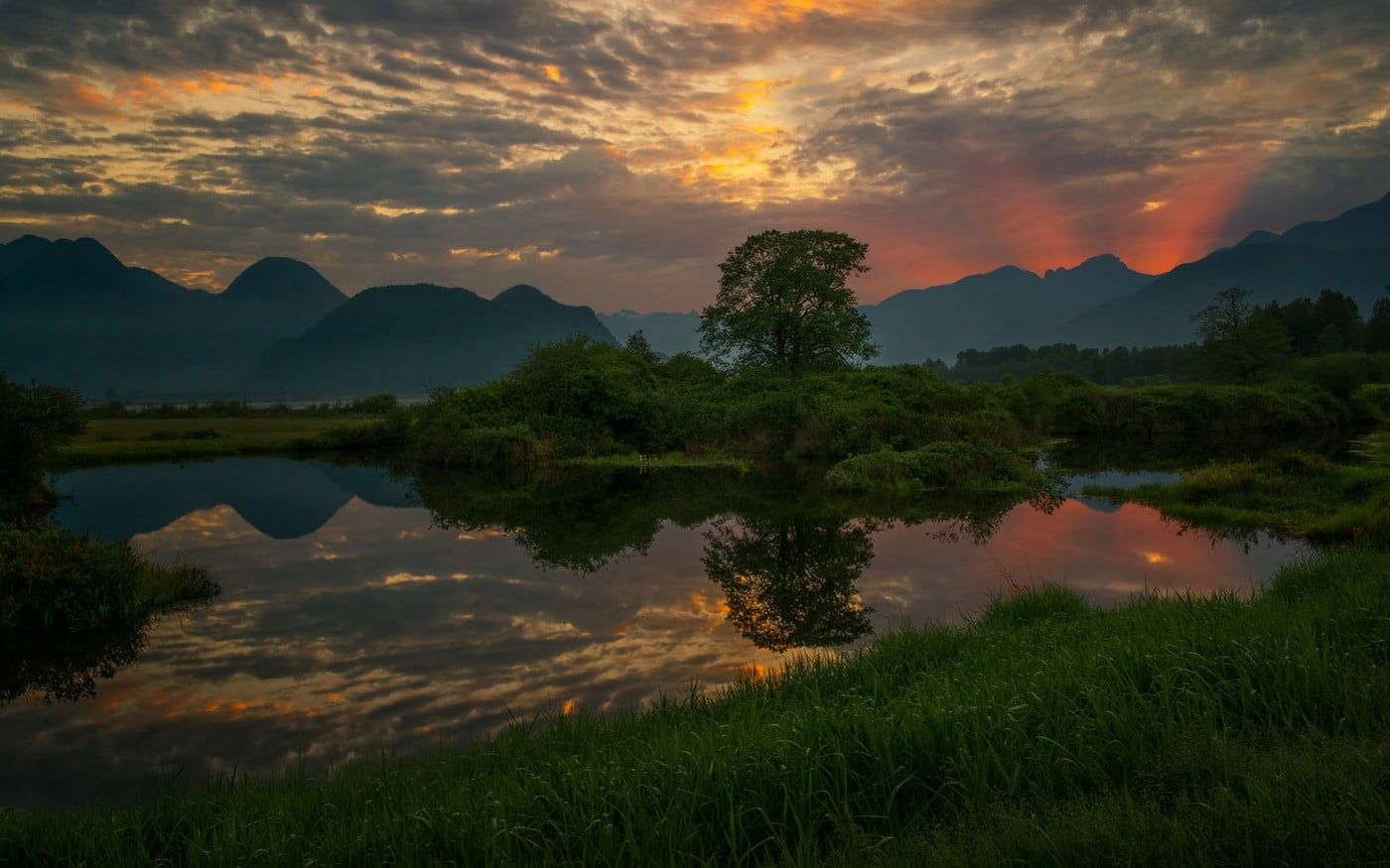 sun rays, beauty in nature, scenics - nature, 720P, no people, green, trees, water, sky, shrubs, tree, reflection, cloud - sky, plant, sunset, nature, HD Wallpaper