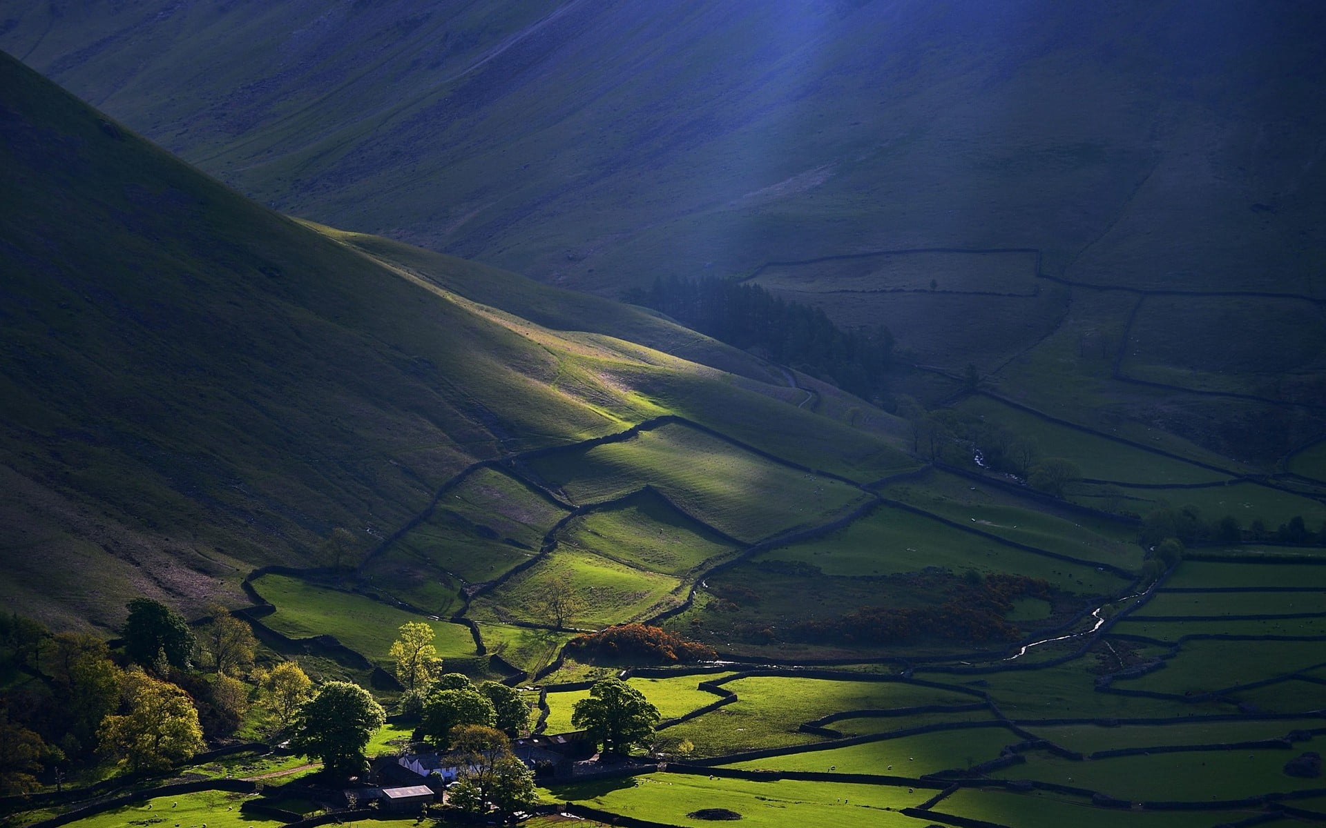 rural scene, mountain, plantation, environment, idyllic, land, landscape, non-urban scene, creeks, beauty in nature, morning, sun rays, green, illustration, HD Wallpaper