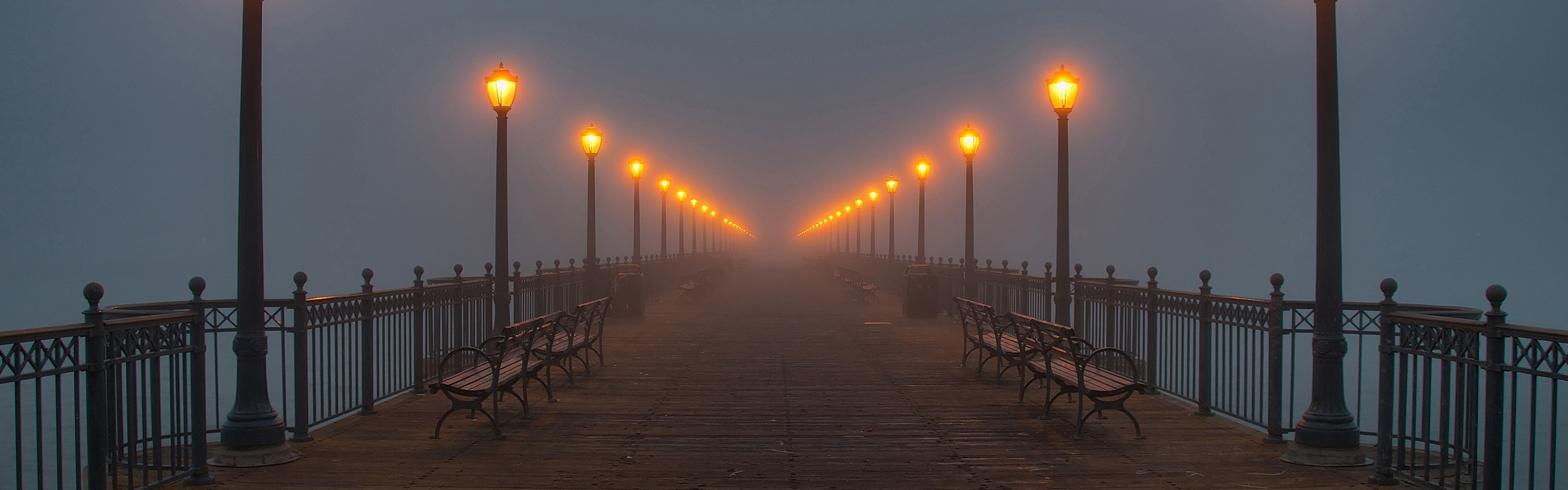 railing, mist, connection, 4K, sky, light, bridge, built structure, pier, no people, the way forward, lantern, illuminated, street light, street, diminishing perspective, HD Wallpaper
