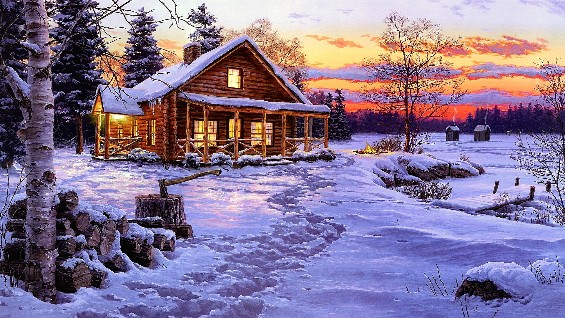 painting, 1080P, house, winter, snowy, painting art, evening, log cabin, landscape, HD Wallpaper