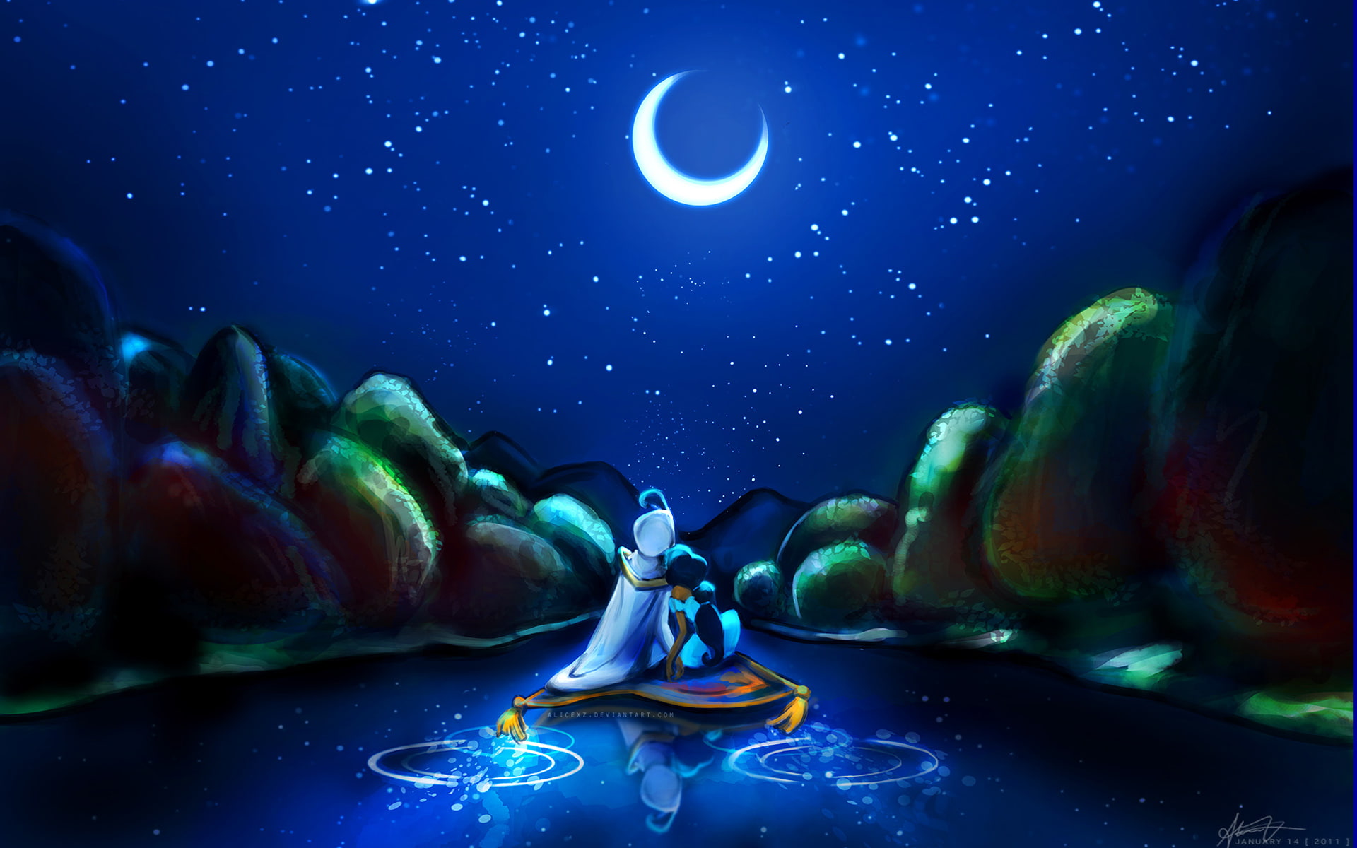 night, moon, jasmina, 1080P, romantic, aladdin, starry, sky, HD Wallpaper