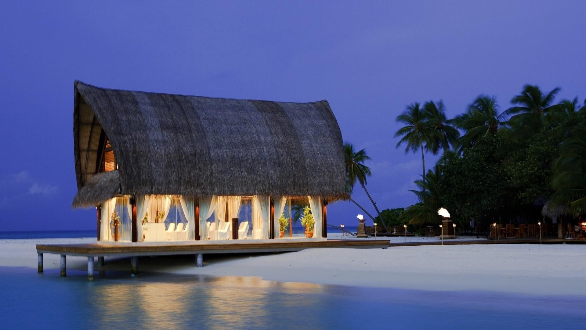sky, 1080P, water, sea, beach, maldives, hut, sand, romantic, HD Wallpaper