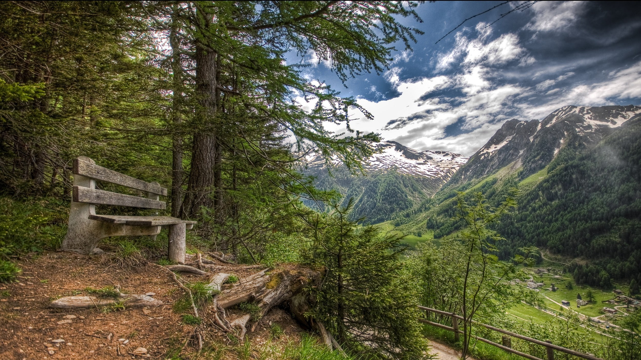 no people, growth, outdoors, forest, mountains, snowy peak, land, day, wood - material, gray, cloud - sky, tranquility, summer, environment, village, Alps, HD Wallpaper