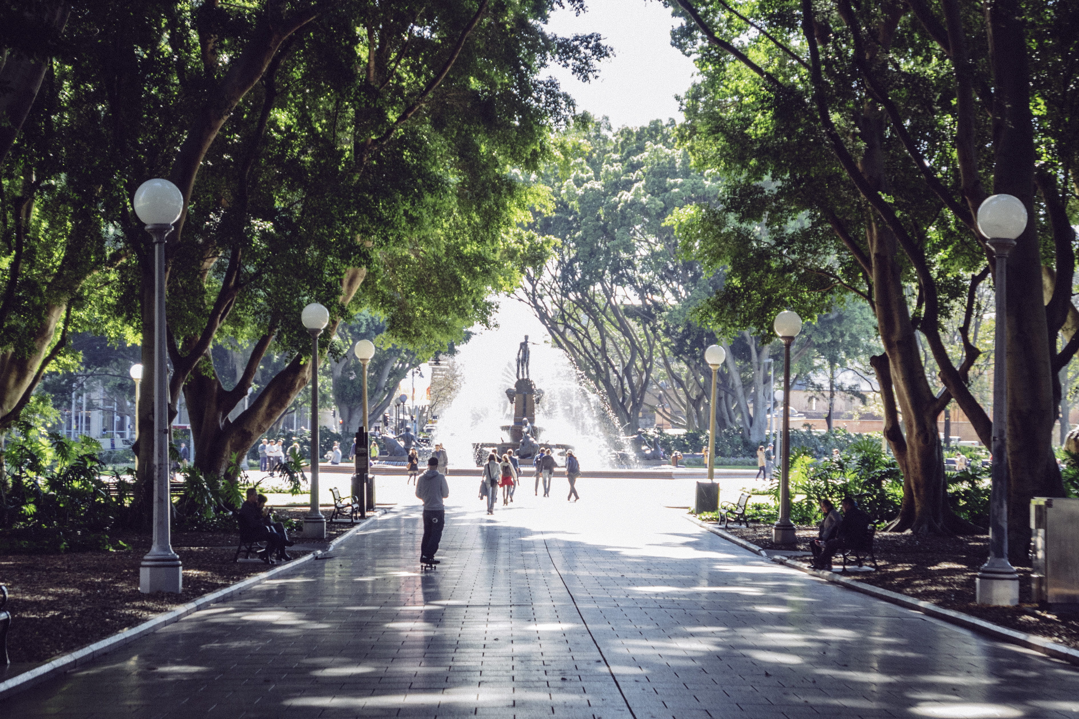 bench, plant, tree, architecture, park, fountain, growth, outdoors, women, road, street, adult, real people, light, street light, group of people, treelined, HD Wallpaper