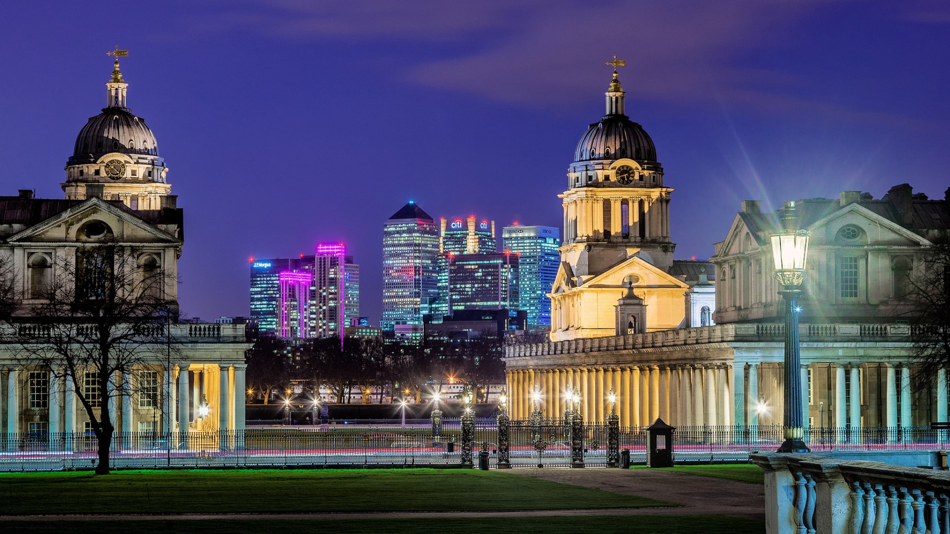 Night, no people, architecture, 1080P, sky, belief, built structure, University Of Greenwich at Night, clock, place of worship, spire, travel destinations, HD Wallpaper