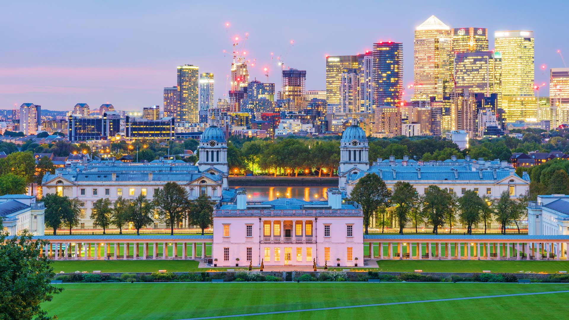 Greenwich Park, England, One Canada Square-The Wharf, London, lights, 1080P, HD Wallpaper