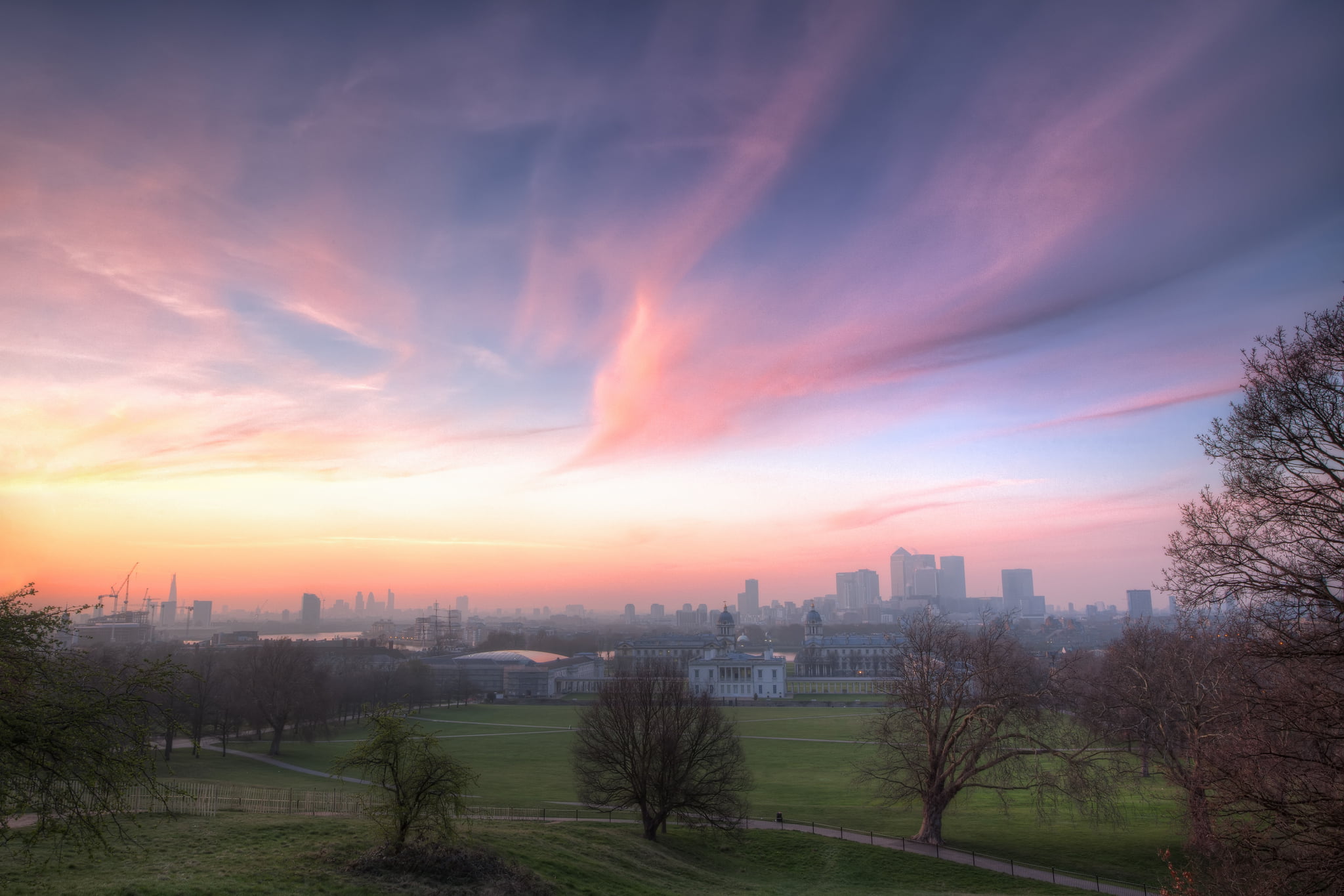 modern, 1080P, outdoors, greenwich park, financial district, skies, nature, building, cityscape, sunset, plant, no people, landscape, architecture, built structure, HD Wallpaper