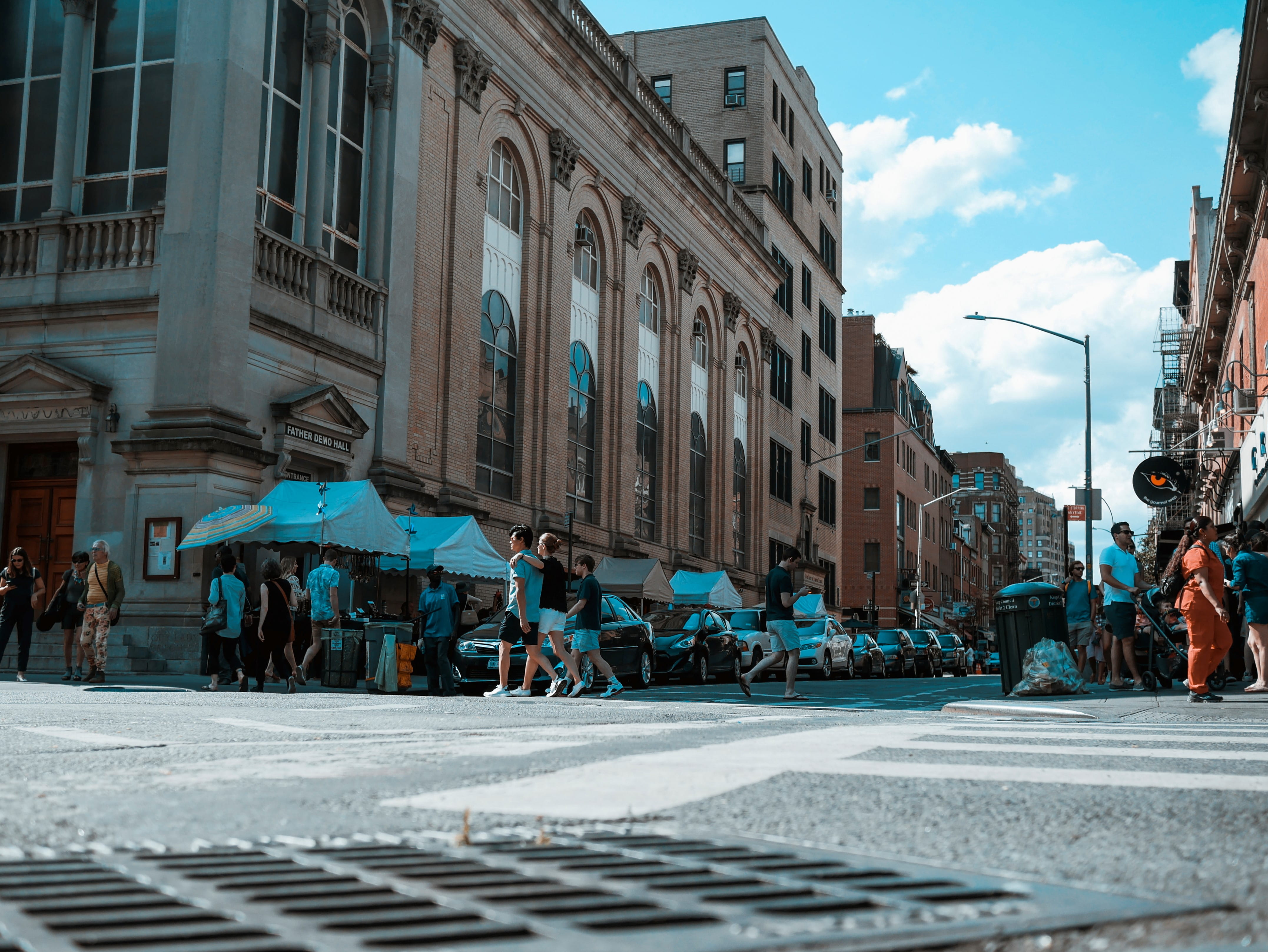 photography, orange, street, day, nature, cloud - sky, city life, sky, transportation, greenwich village, 4K, road, building, york, city street, walking, HD Wallpaper