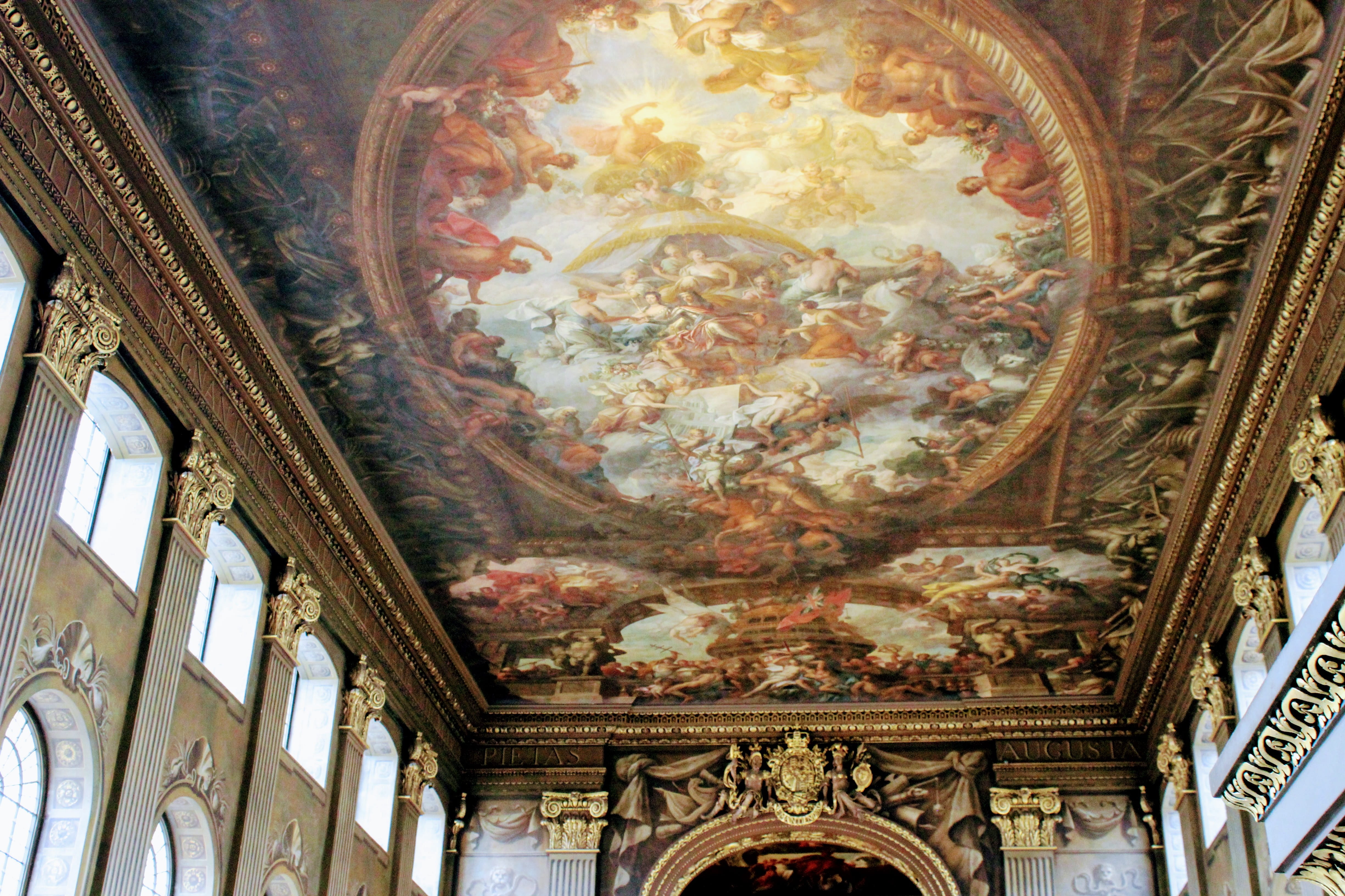 mural, religion, united kingdom, ceiling, altar, no people, low angle view, art and craft, latin, ornate, greenwich, belief, indoors, 4K, place of worship, HD Wallpaper