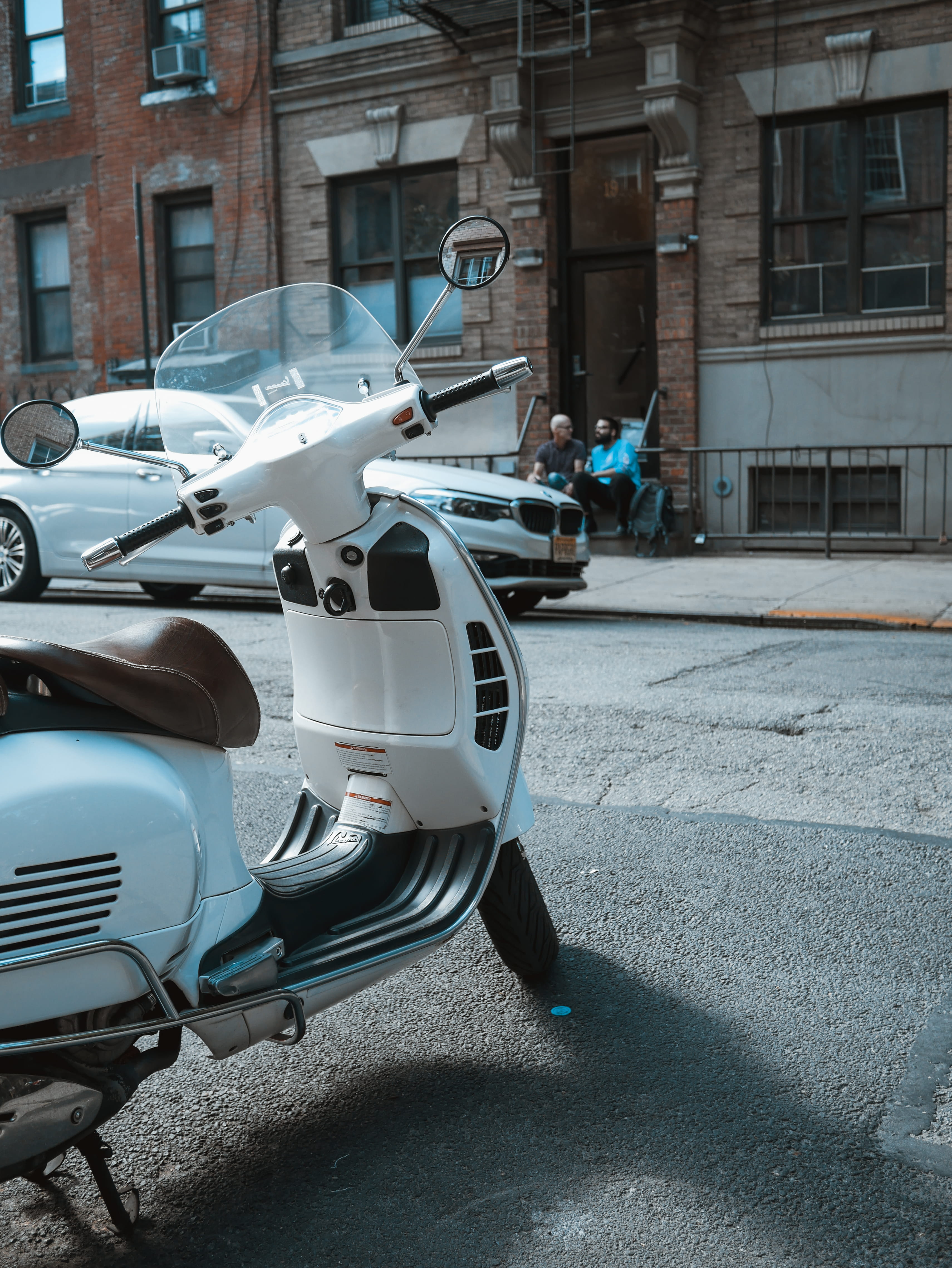 motorcycle, street, parked, day, motor scooter, outdoors, scooter, village, motor vehicle, stationary, road, van, automobile, city, gray, building exterior, Phone HD Wallpaper