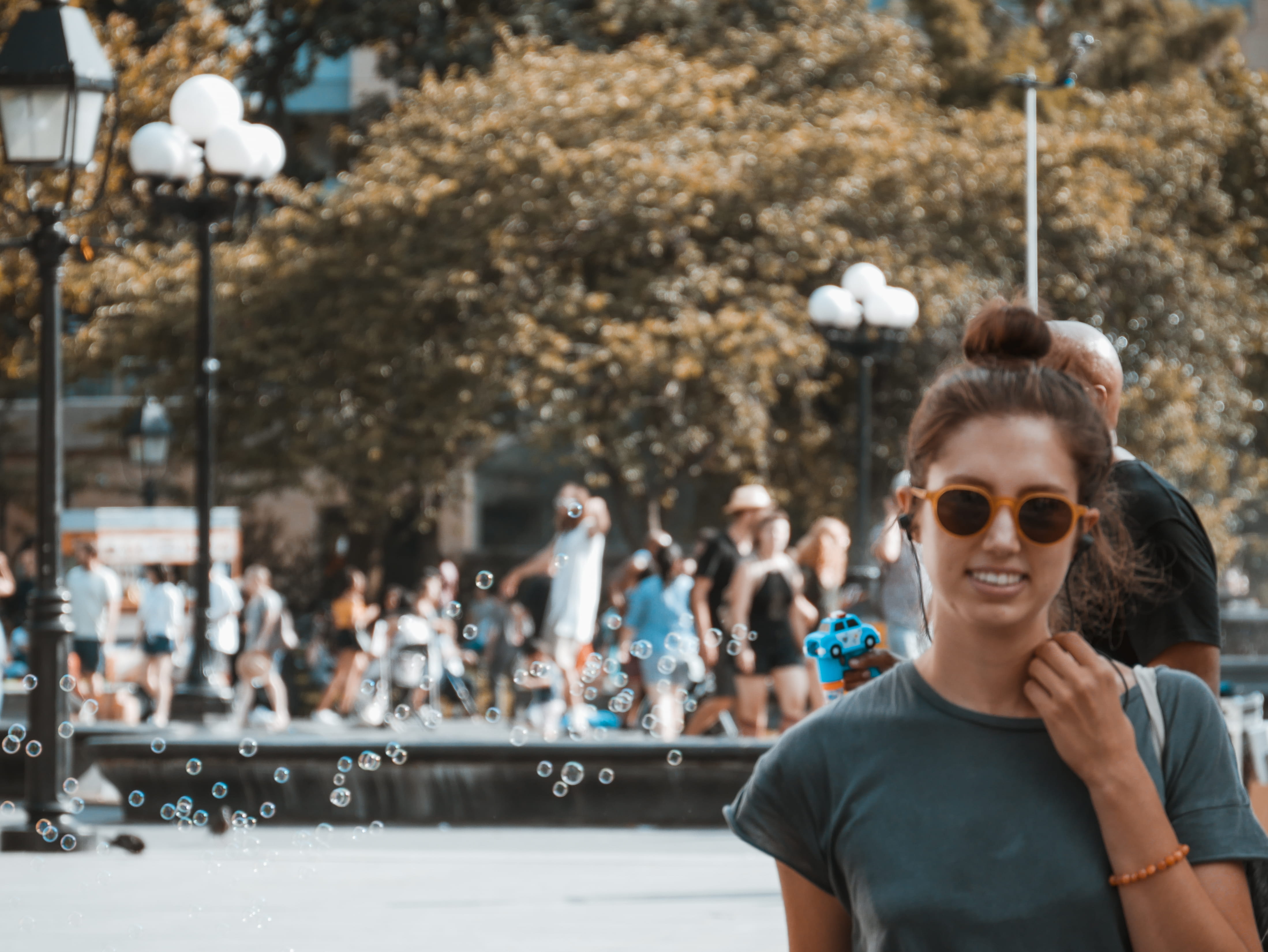 teal, group of people, 4K, sunglasses, women, street photography, portrait, fashion, bubbles, focus on foreground, day, leisure activity, front view, washington square park, HD Wallpaper