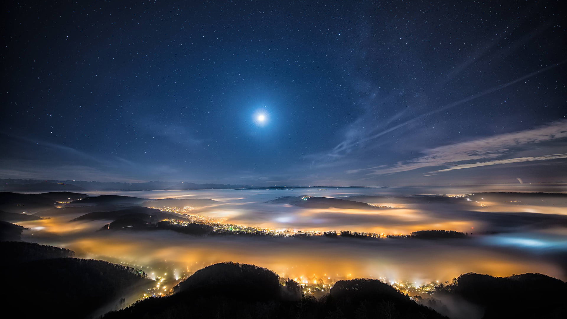 astronomy, dark, scenics - nature, night, outdoor, dawn, scenery, lake, sun, dusk, outdoors, moonlight, blue, tranquil, tree, space, weather, star - space, HD Wallpaper