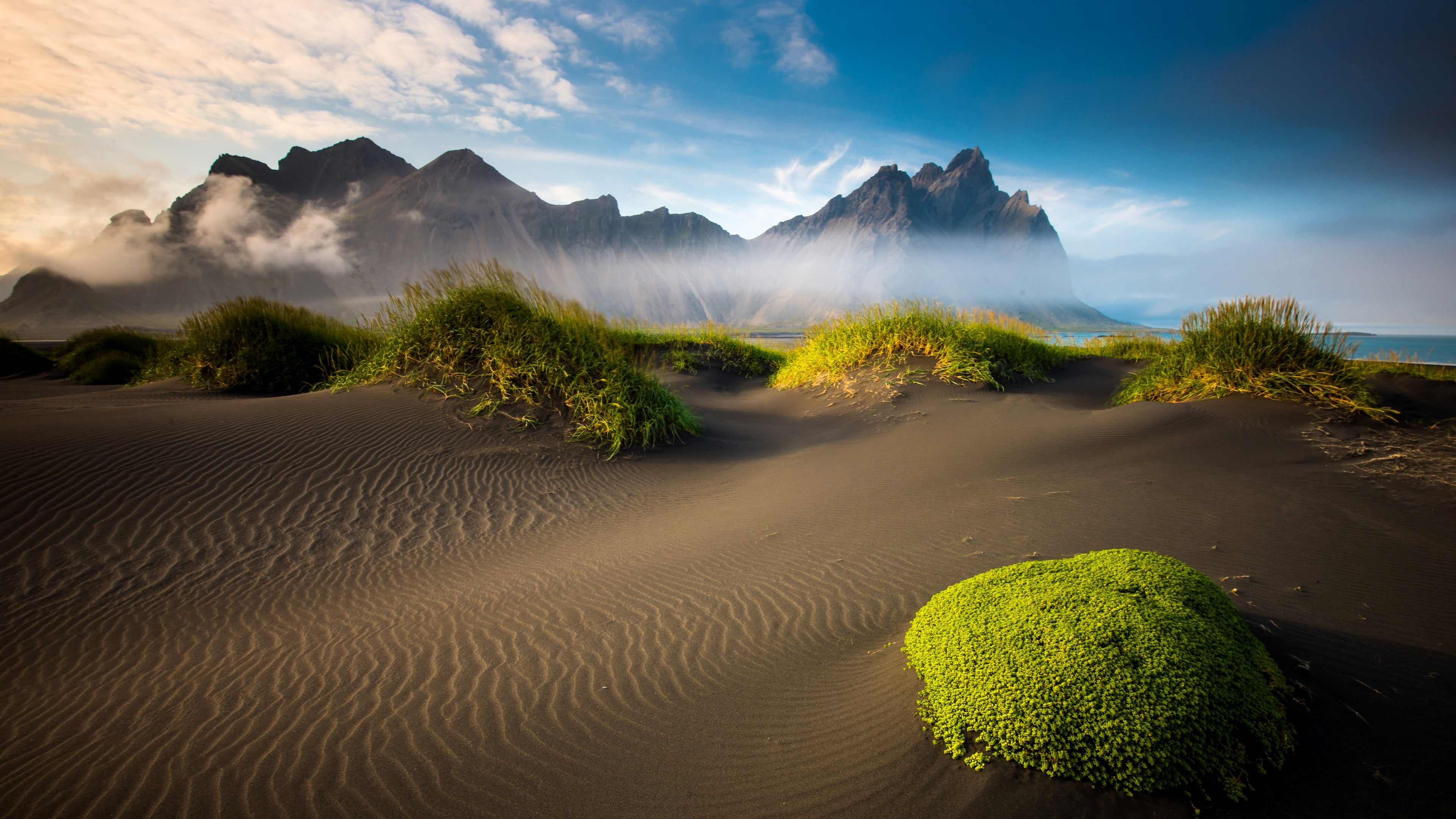 summer, grass, sunlight, sand, nature, land, green, mountain peak, sky, scenics - nature, environment, landscape, mountain, no people, tranquility, cloud - sky, HD Wallpaper