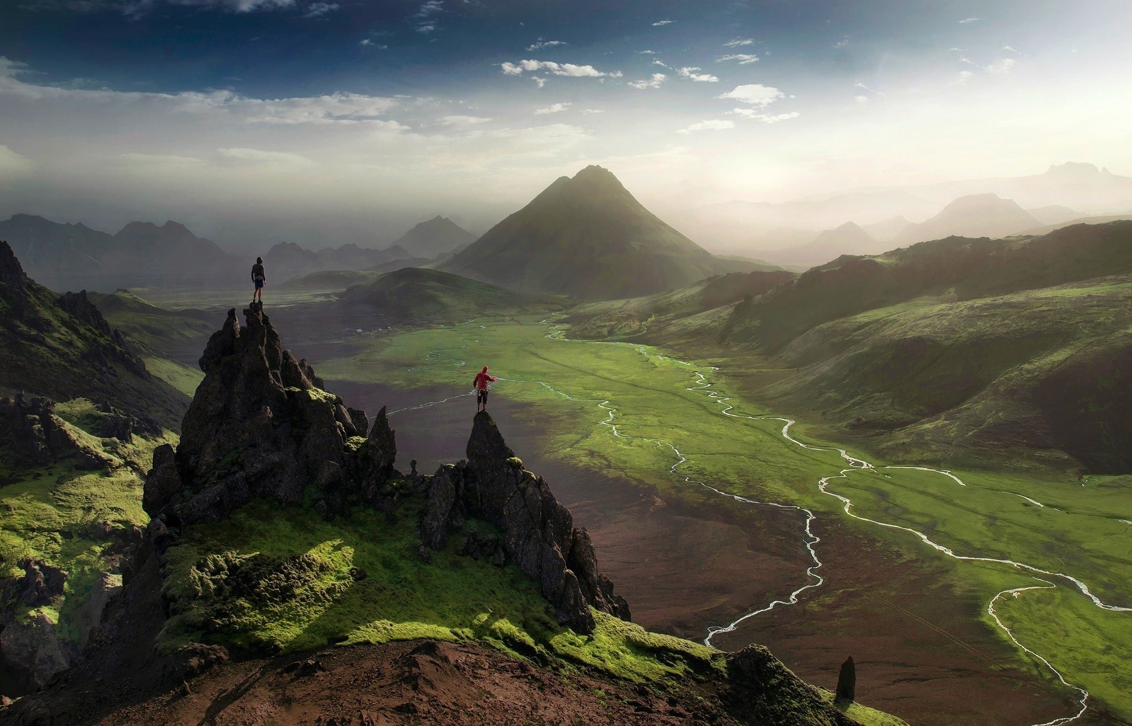 Iceland, sunlight, mountains, green, valley, sunbeam, mountain, mist, tranquil scene, beauty in nature, landscape, 1080P, non-urban scene, illustration, HD Wallpaper