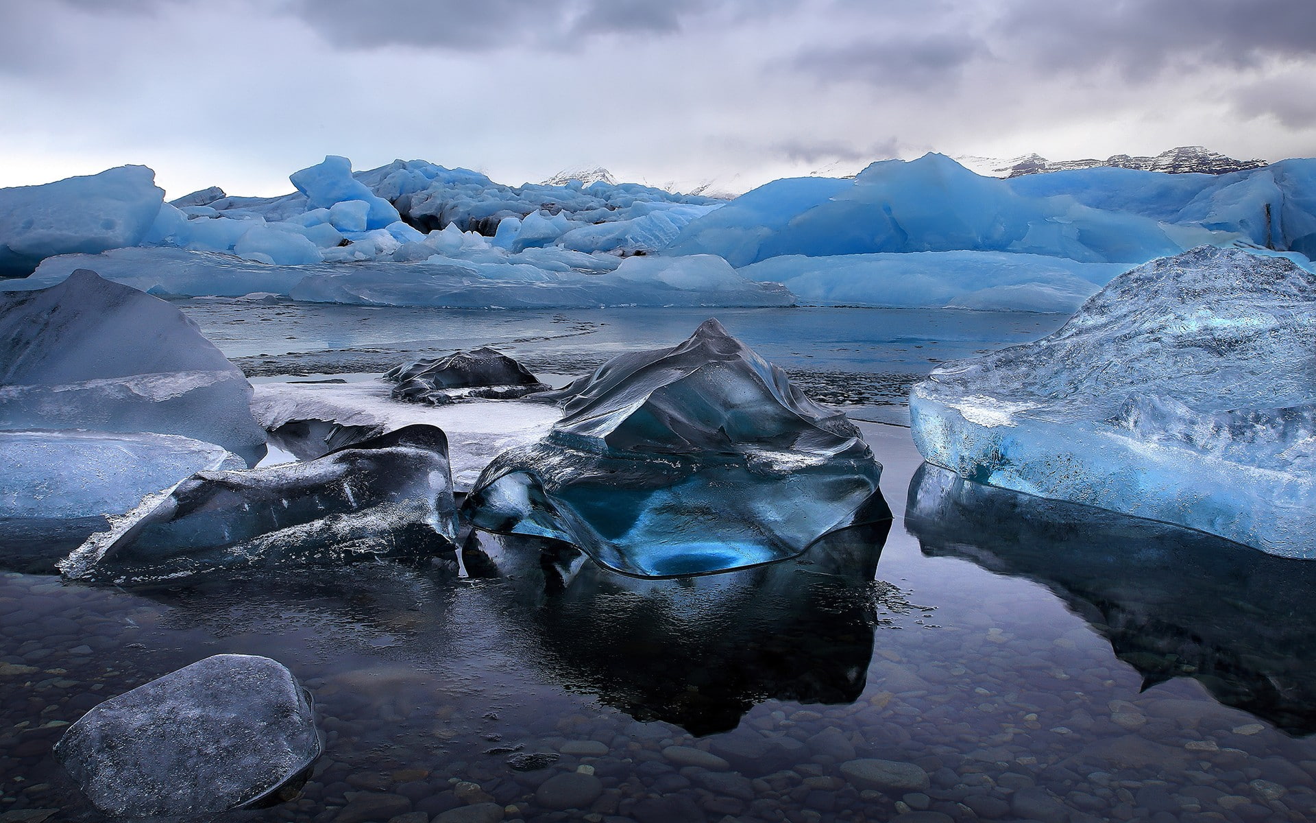 floating on water, snowcapped mountain, lagoon, snow, mountain, landscape, winter, Iceland, beauty in nature, tranquil scene, sky, no people, frozen, cloud - sky, HD Wallpaper