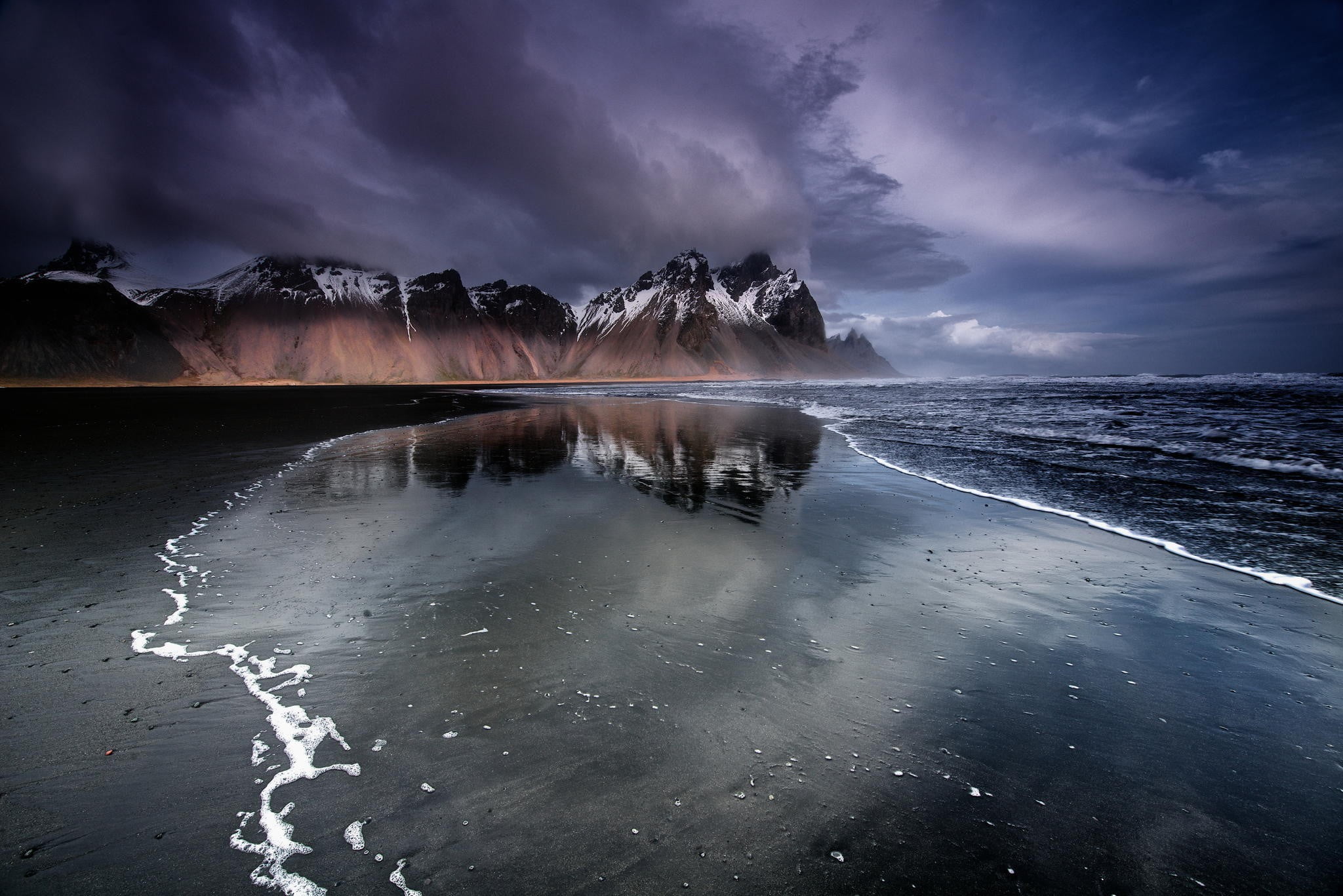 beach, landscape, beauty in nature, water, white, non-urban scene, ice, Iceland, no people, environment, black, painting, scenics - nature, mountain, land, HD Wallpaper