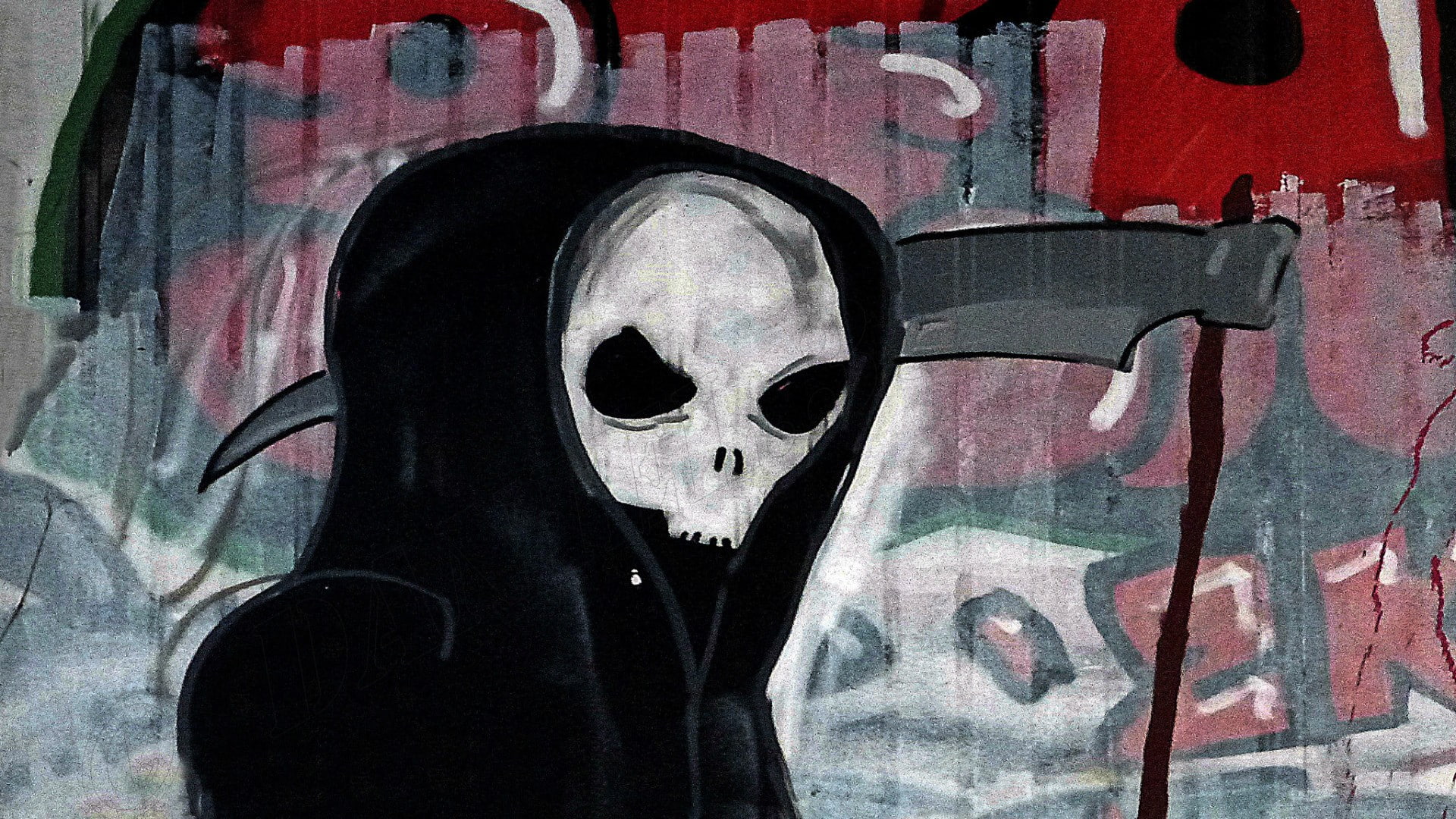 day, multi colored, people, human representation, disguise, Grim Reaper, paint, 1080P, indoors, artwork, close-up, male likeness, graffiti, representation, HD Wallpaper